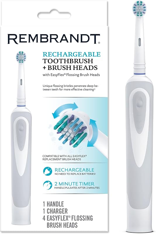 Rechargeable Toothbrush + 4 EasyFlex Brush Heads | Includes 4 EasyFlex Flossing Brush Heads & Charging Base, Rechargeable Handle
