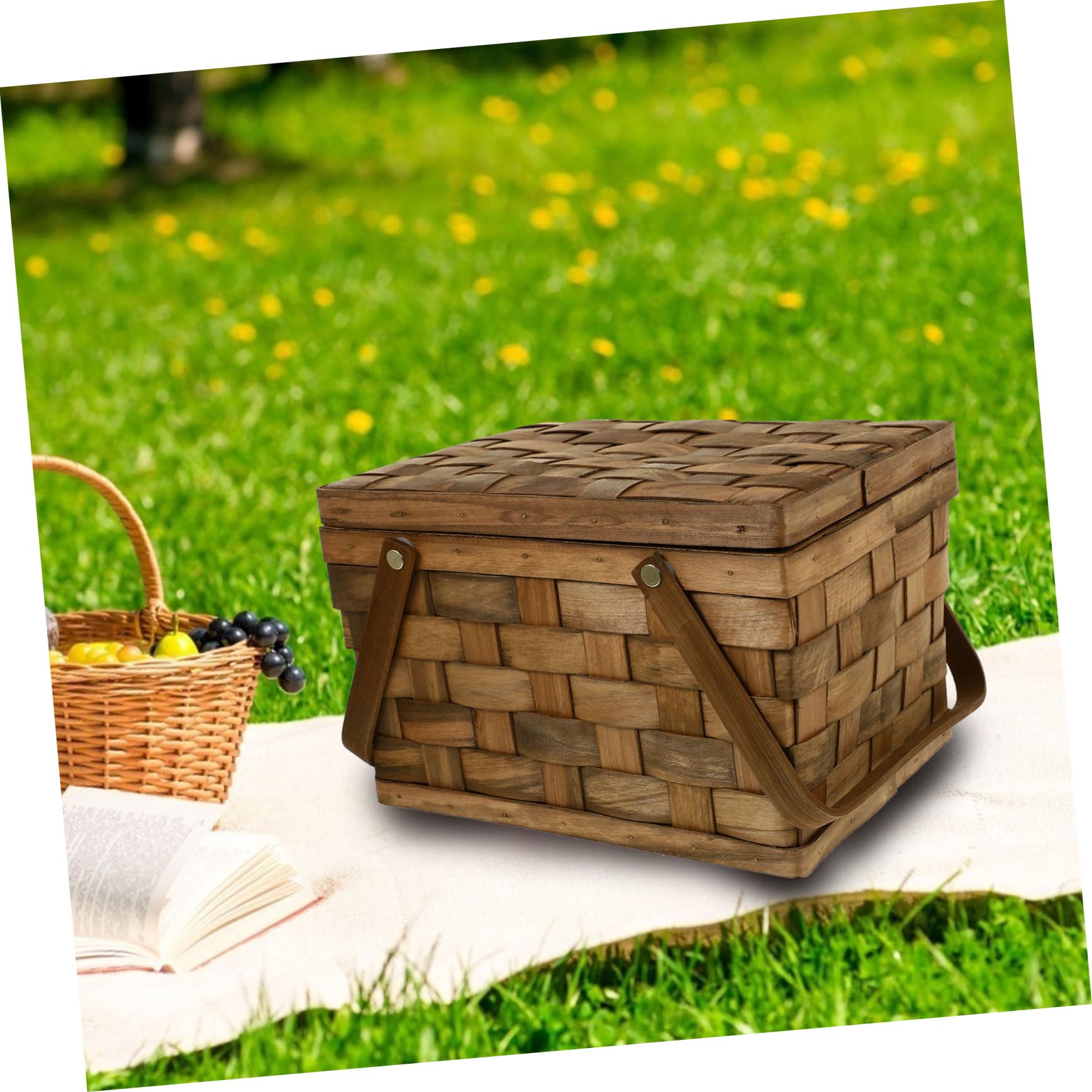 Panier D'extérieur Portable en Bois avec Poignée, Panier de Pique-niques Multifonctionnel Design Naturel et Élégant, Cuisine et Pique-niques
