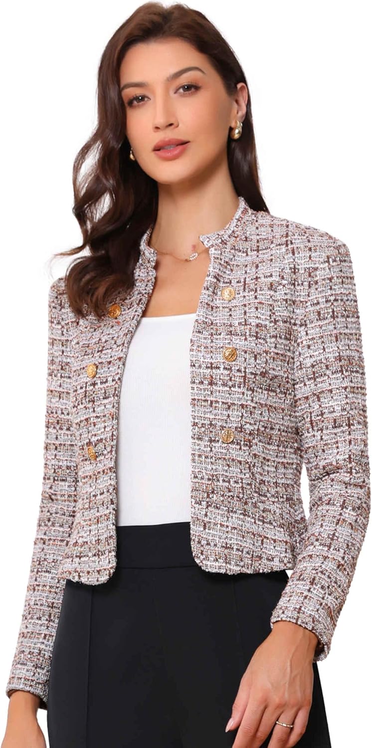 Allegra K Vintage Tweed Jackets for Women's Stand Collar Business Open Front Cropped Blazer Jacket