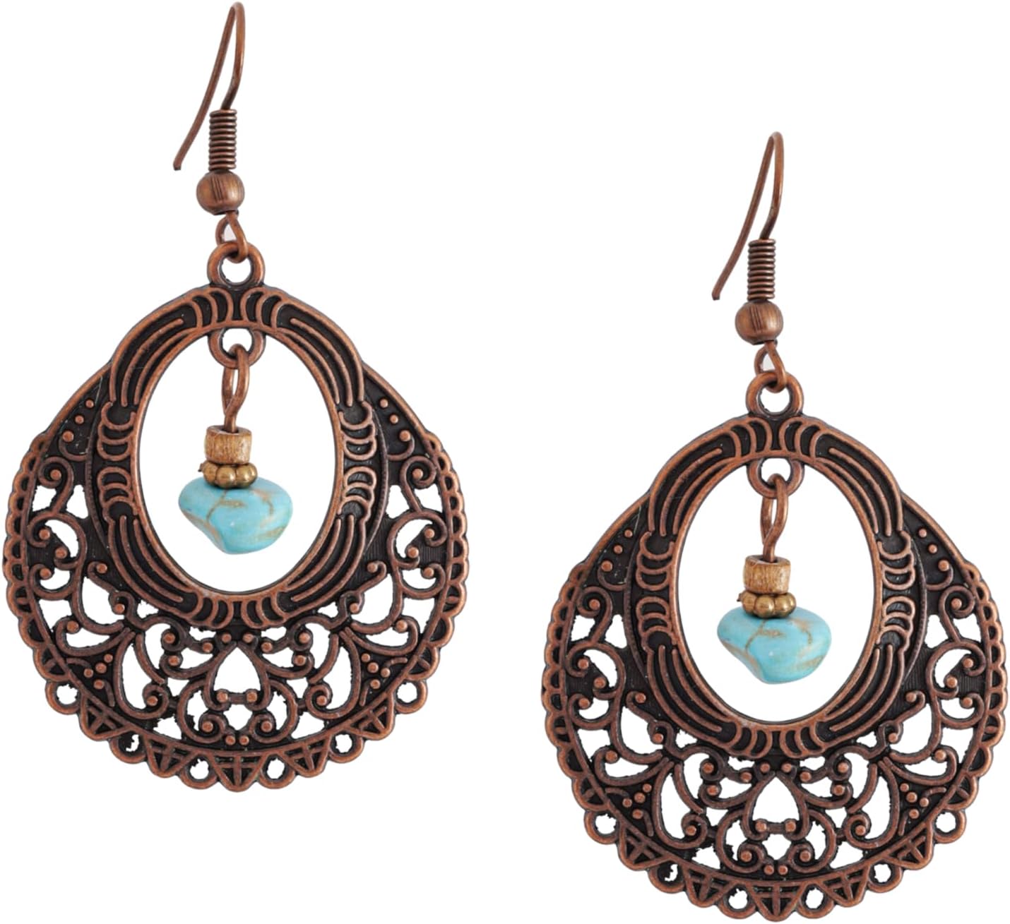 MINACHI Vintage Copper Tone Boho Drop Earrings with Turquoise-Toned Chips and Starburst Charm, Hippie Style Danglers For Women
