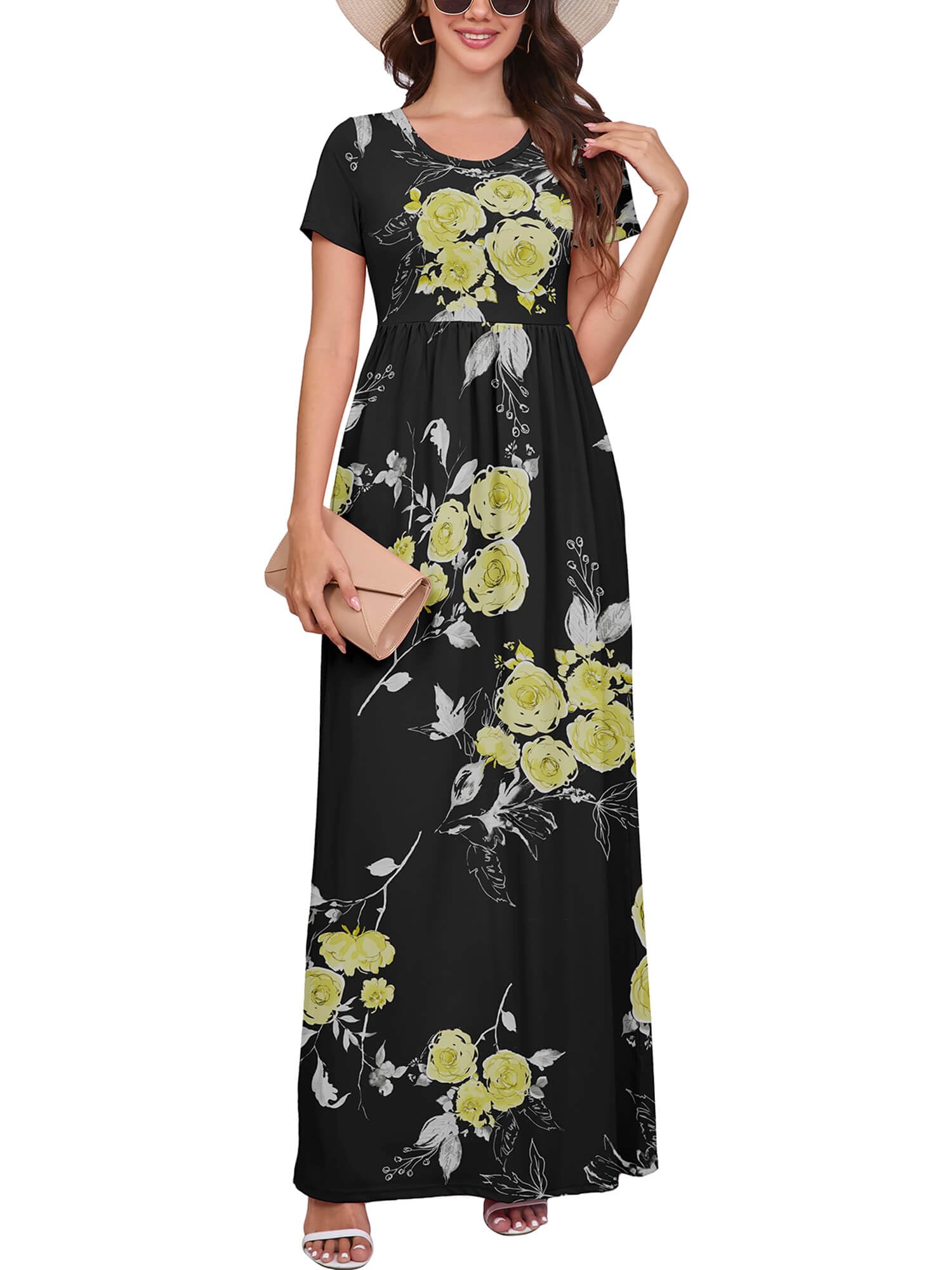 DEARCASE Maxi Dress for Women Short Sleeve Casual Summer Loose Plain Comfy Long Dresses with Pockets