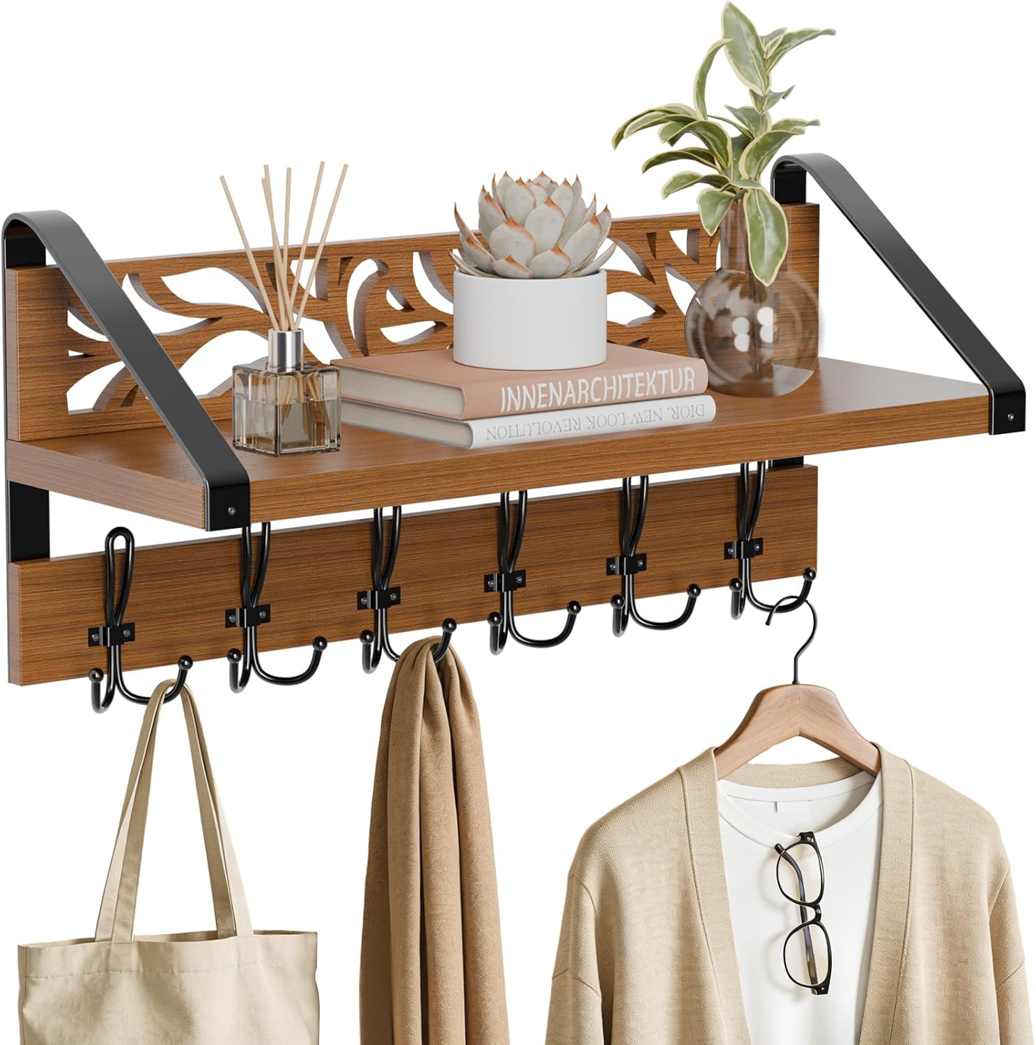 WGFKVAS 2 in 1 Coat Rack Wall Mount with Shelf and 6-Double Hook Wall Hooks with Shelf, Rustic Brown 15" Wood Organizer for Entryway, Living Room, Bedroom, Hallway