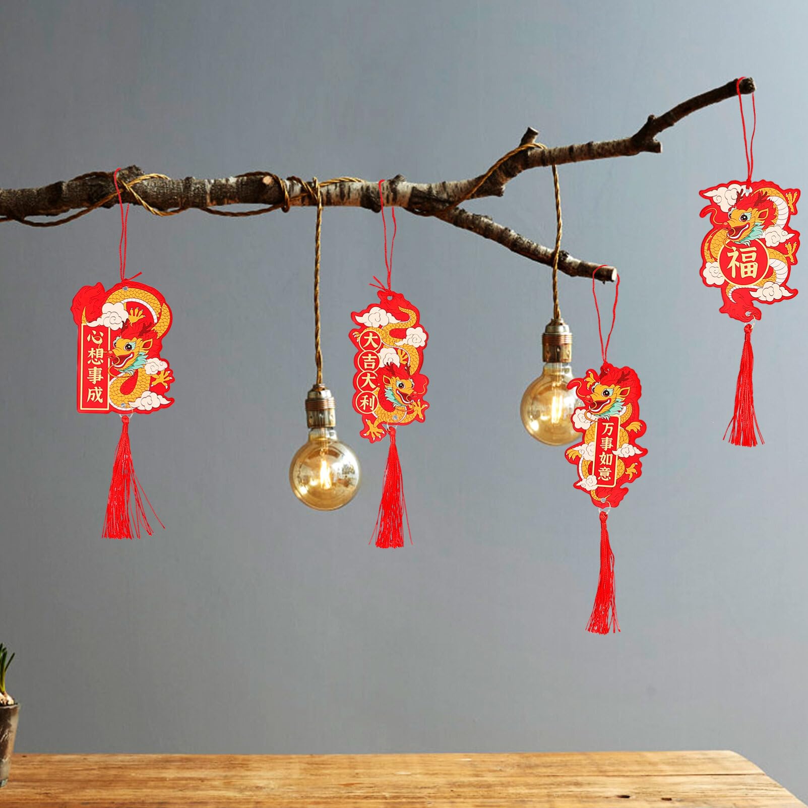 VILLCASE 6pcs Chinese New Year Ornaments 2024 Year of Dragon Pendant Traditional Lucky Zodiac Mascot Tassel Charm for Spring Festival