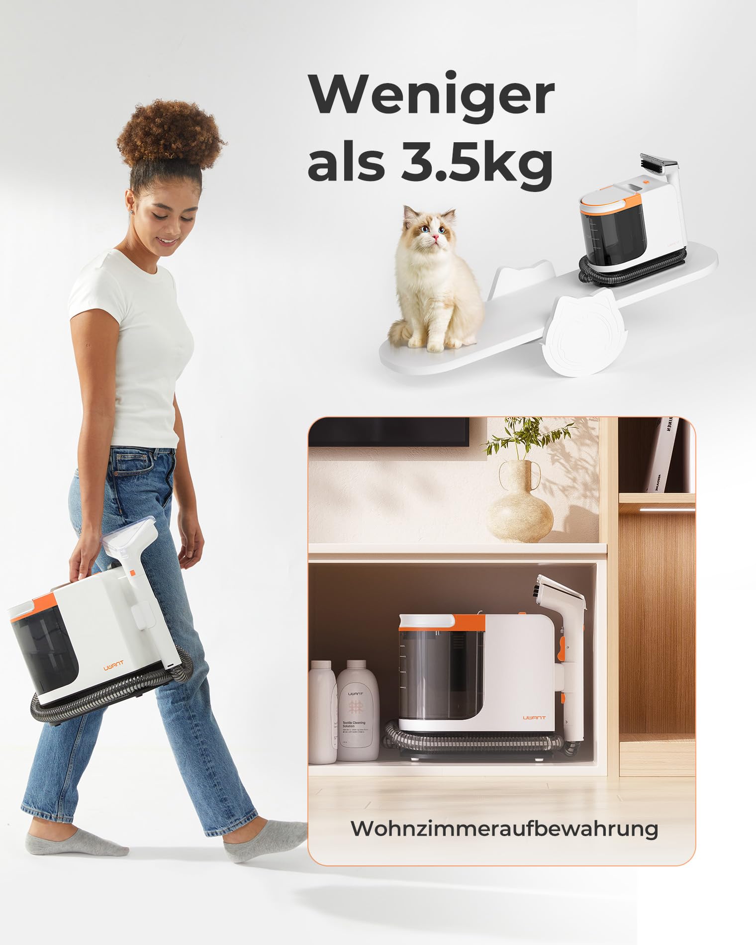 uwant Teppichreinigungsmaschine Leistungsstarker Polsterreiniger für Haustiere, tragbarer Teppichreiniger mit Reinigungs- und Selbstreinigungswer