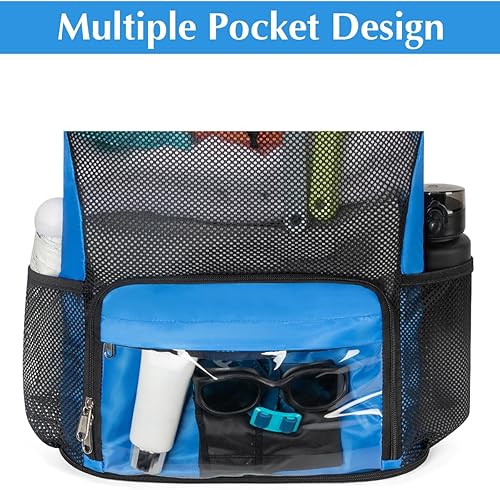 Miniatura 5 de Mochila de playa a prueba de arena con compartimento para zapatos y bolsillo húmedo, bolsa de natación de malla impermeable para piscina, Azul