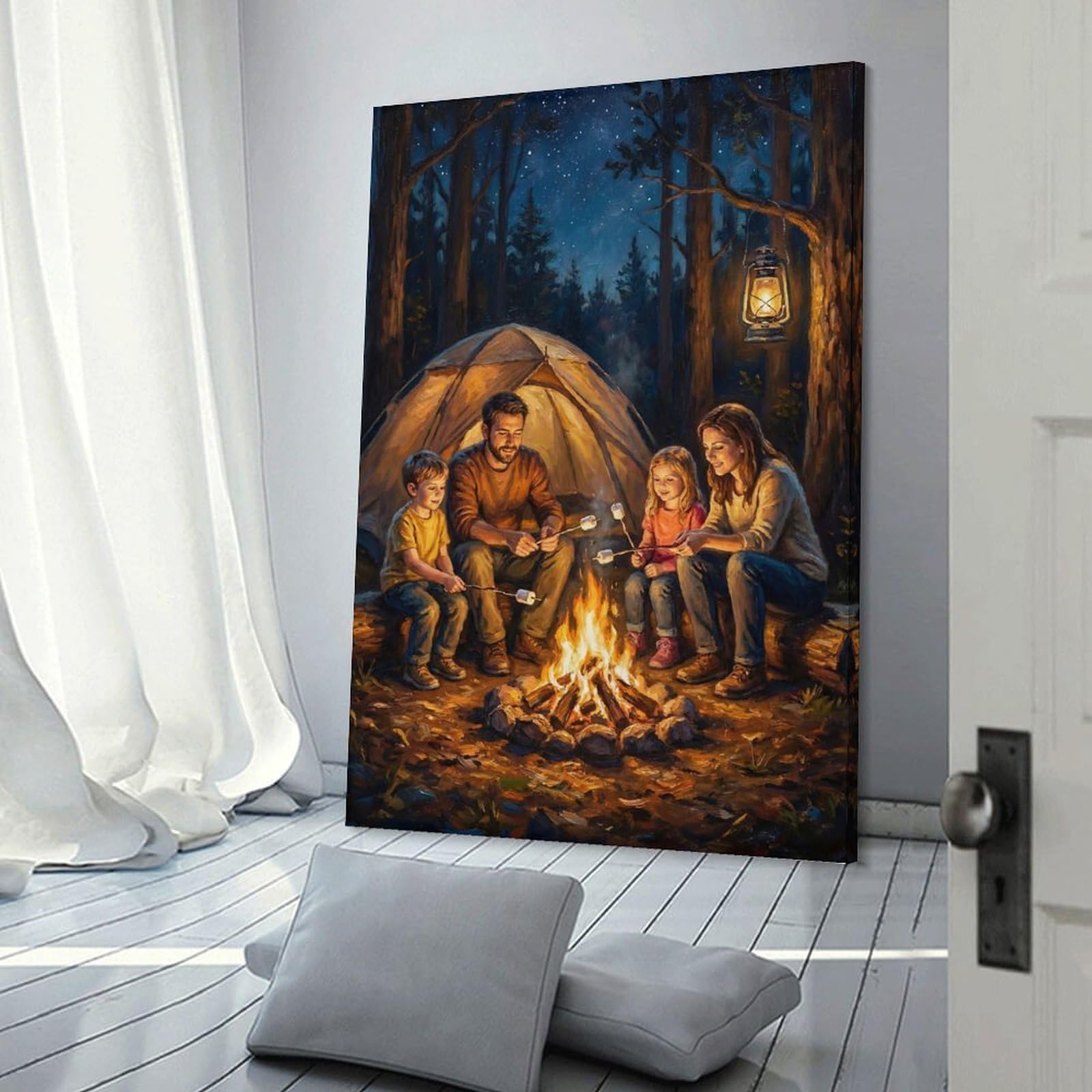 Junmoney Frame-Style Family Roasting Marshmallows By Campfire Decorative Canvas Print, 12X18inch(30X45cm), For Living Room, Bedroom Or Home Office, Canvas Artwork With Gifting Potential