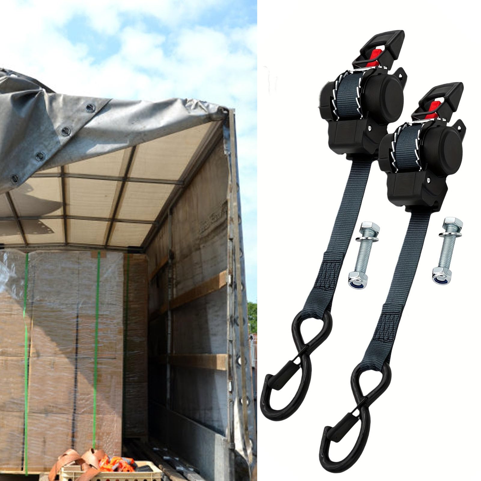 Garosa 2 Stück Einziehbare Ratschengurte, Automatisch Verriegelnde Ratschengurte, Polyester-Legierungsstahl, Sicherer Verriegelungsmechanismus, Verstärkte Haken, Stabiles Gurtband für