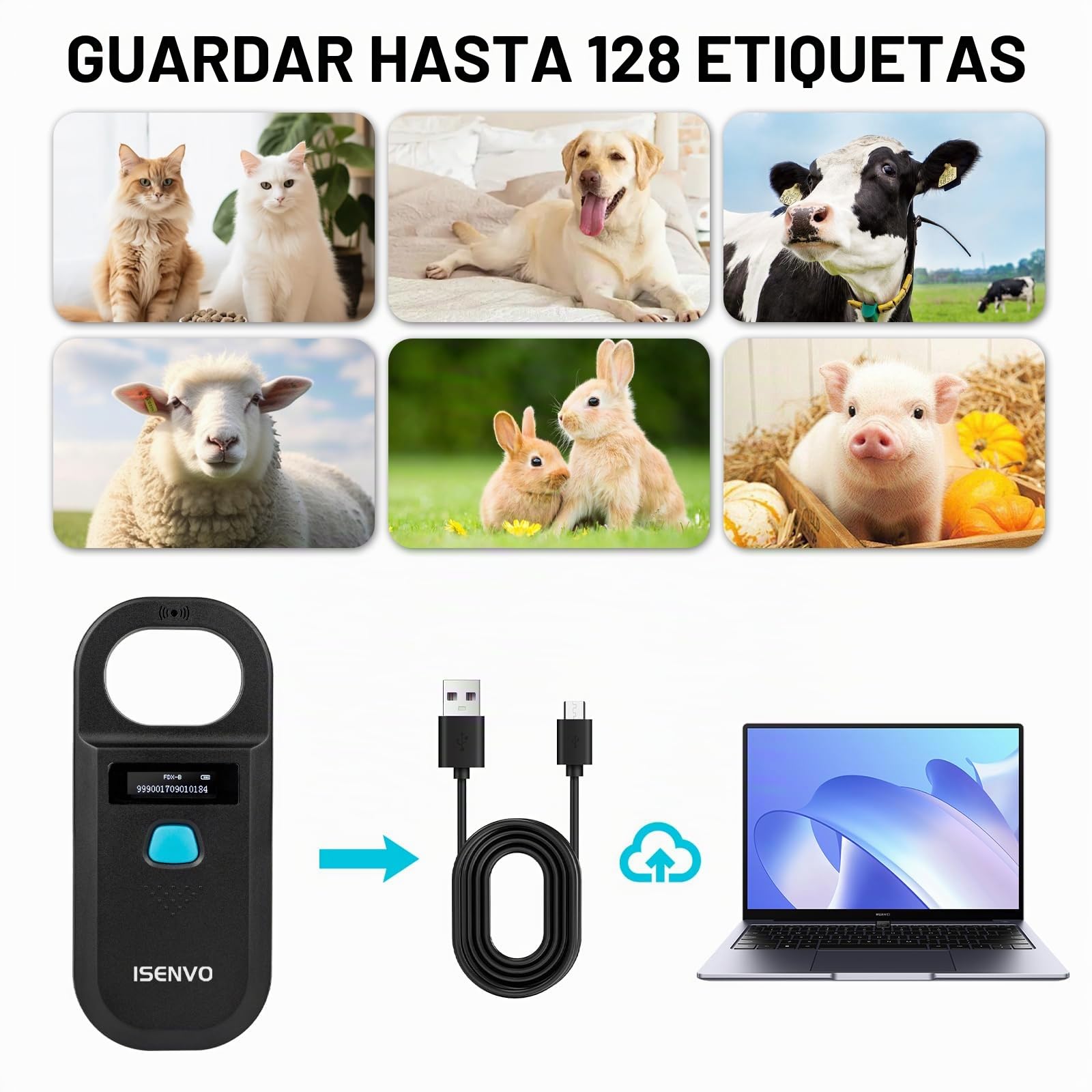 Lector Microchip Animales, Lector Chip Mascotas RFID EMID Recargable, Leer el ID del Chip de 15 bits, 134,2 kHz 125 kHz, para Animales, Cerdos, Perros y Gatos