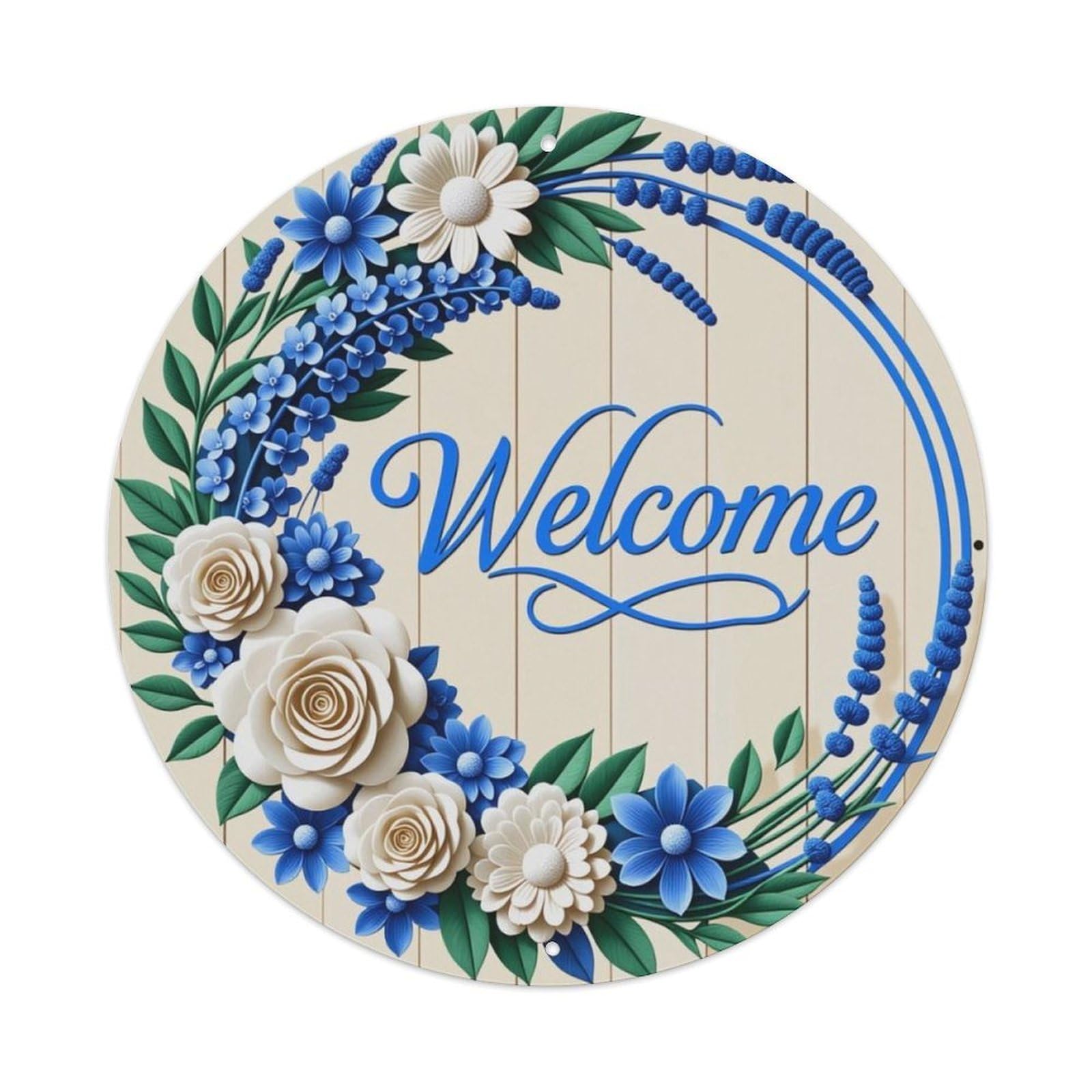 Ldfuieksufg Style Blue White Floral Wreath Welcome Sign Vintage Aluminium Metal Sign, Retro Wall Decor For Home, Bar, Garage & Farmhouse 20X20cm