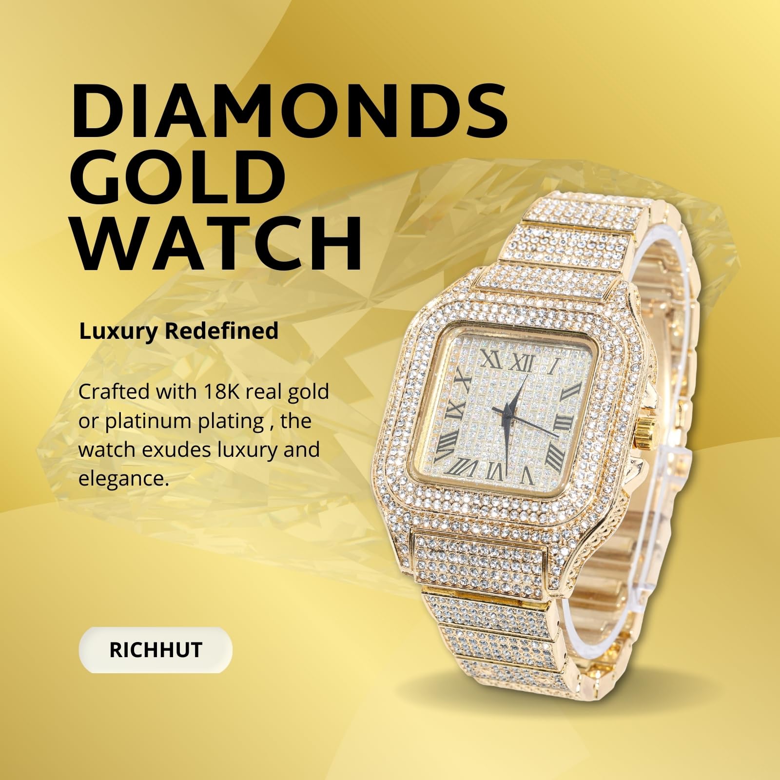Reloj de diamantes para hombre y hombre, esfera cuadrada, pulsera de 20 mm de ancho, chapado en oro real/oro blanco de 18 quilates, chapado en platino, con juego de cadena de tenis opcional