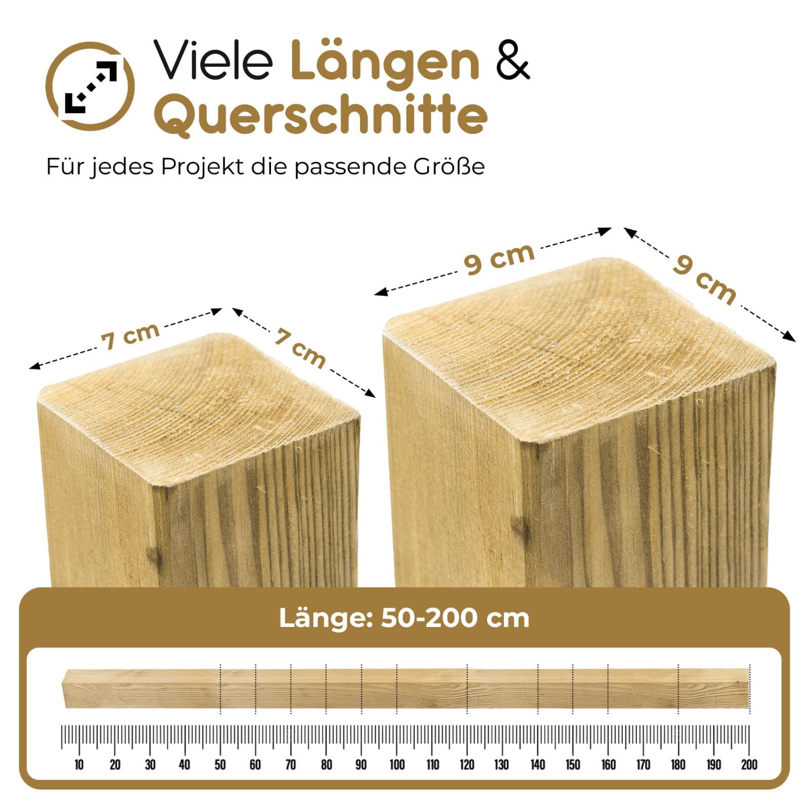 BooGardi Imprägnierte Holzpfosten - Zaunpfosten in 24 Größen - 1 Stück 9x9 x 200cm ohne Zubehör - Vierkantpfosten mit flachem Kopf - Kantholz Holz Pfosten Balken
