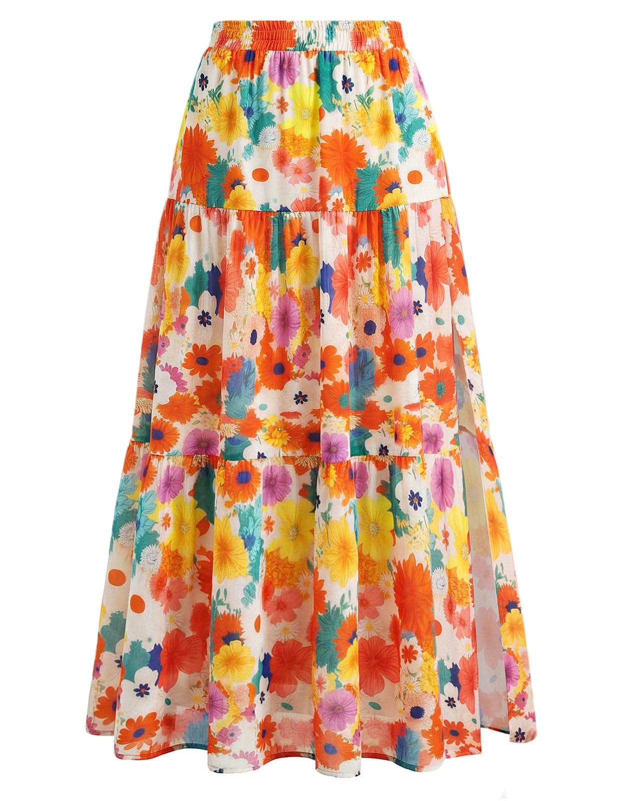 Kate Kasin Womens Boho Maxi Skirt Floral Printed Flowy Long Skirts Summer Beach Vacation Outfits with Pockets