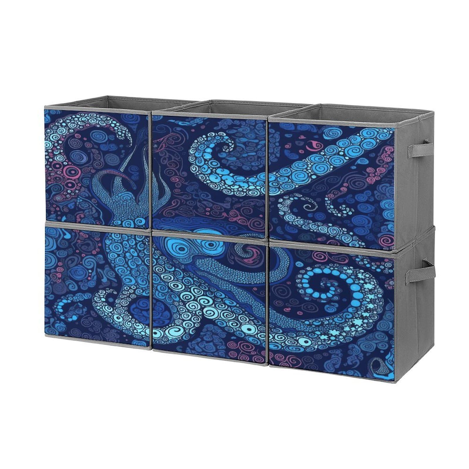 FodPand Blue Octopus Storage Bins Cubes Fabric Cube Organizer Foldable Storage Boxes Large Storage Baskets Oxford Cloth Cube Bins for Home Clothes Closet Organizers 6 Pack