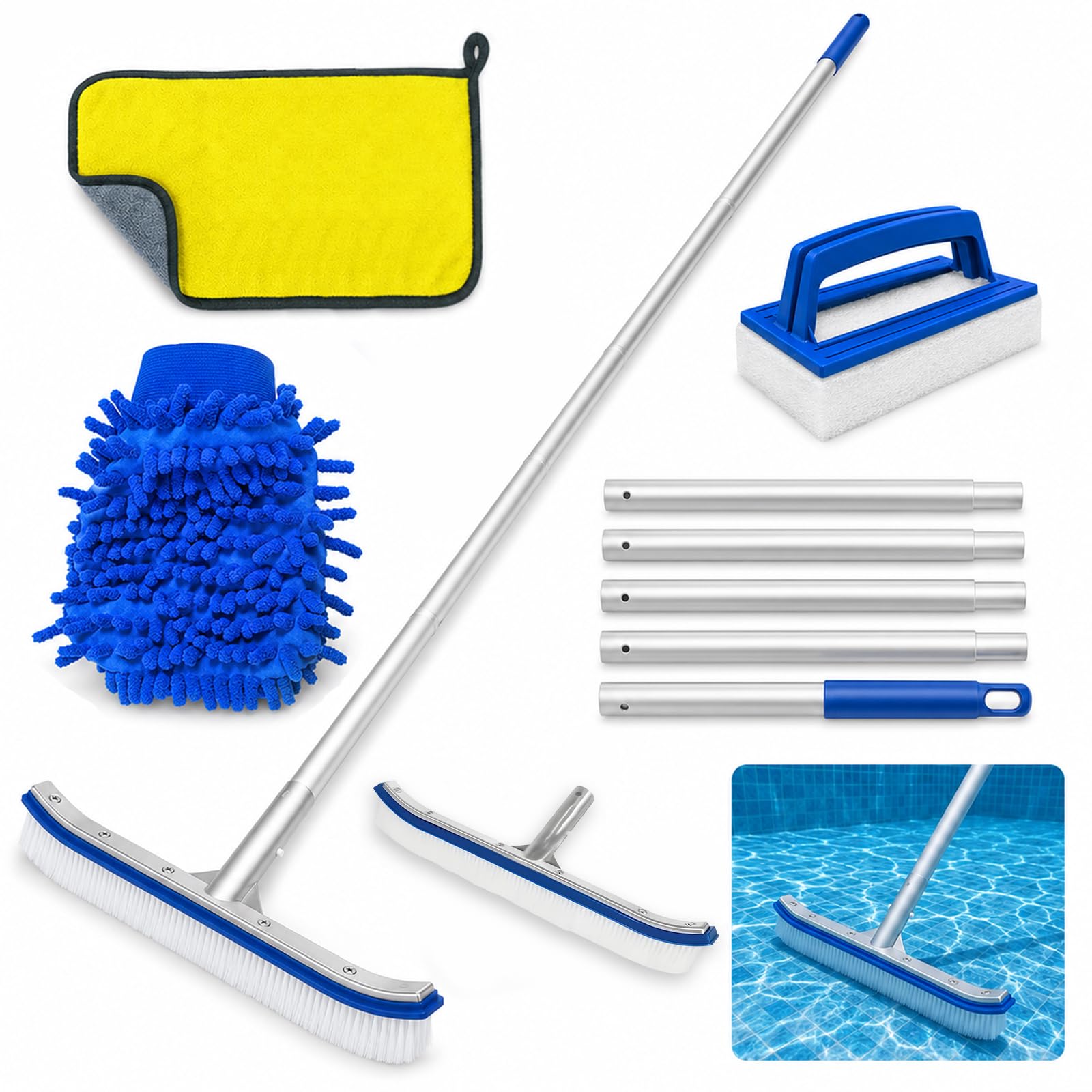Spazzola Piscina con Manico Telescopico 180cm, Spazzola per Pulizia Piscina da 45 cm con 5 Aste in Alluminio, Kit Pulizia Piscina con Spugna, Panno Double Face e Guanto per Pareti, Fondo e Scale