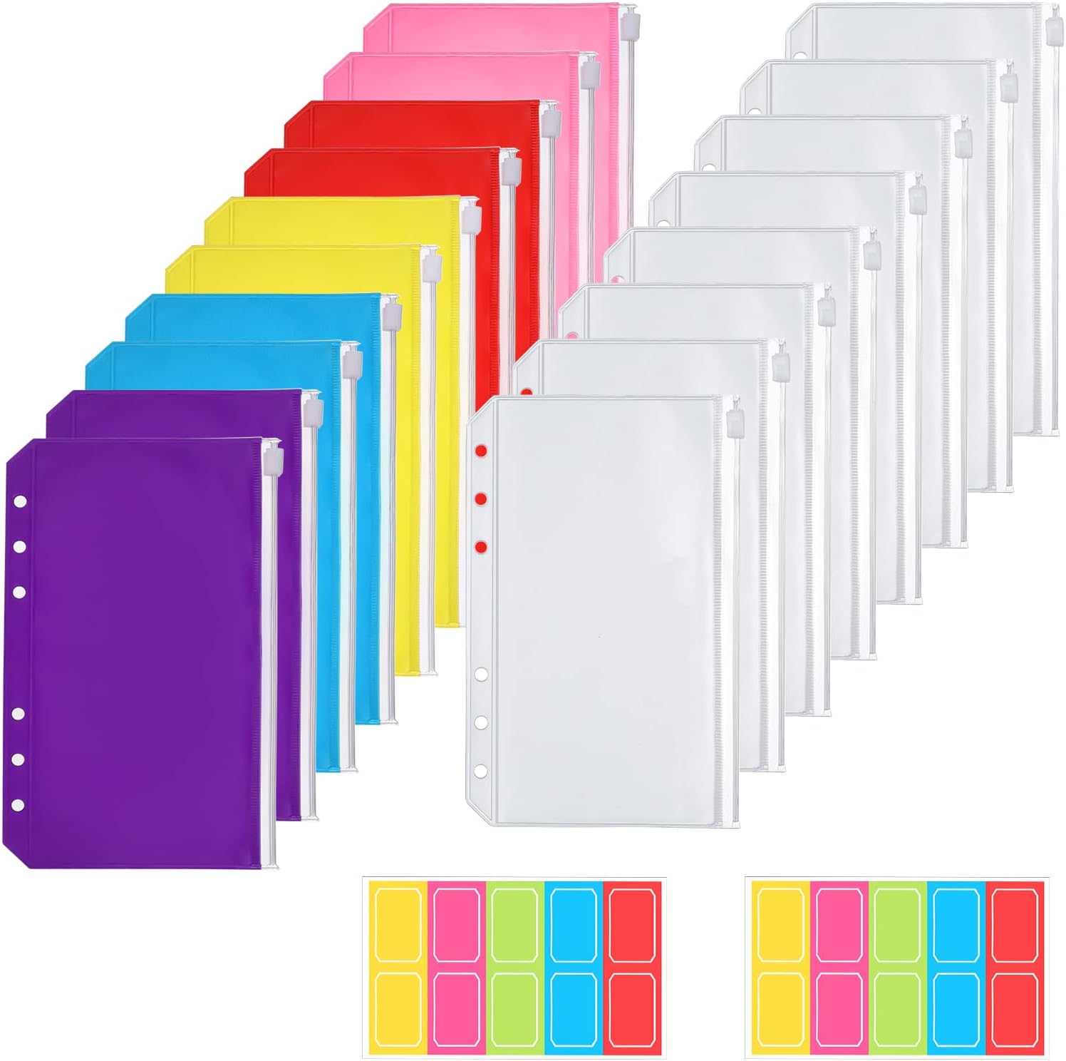 Dacitiery 20 PCS A6 Binder Pockets, 6 Styles PVC 6 Holes Cash Envelopes