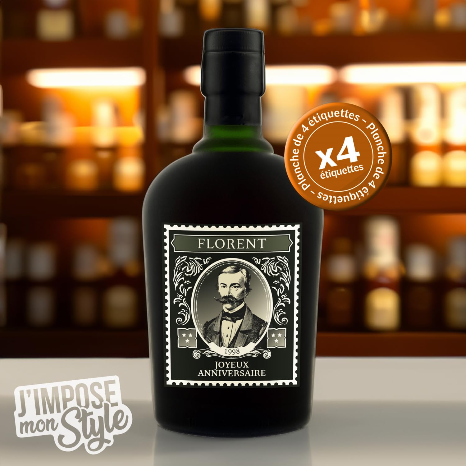 4 Pegatinas Etiquetas Adhesivas para Personalizar Botella de Ron de 70 cl – Cumpleaños – Fiesta – Regalo – Anuncio – Tamaño 8 x 9,5 cm