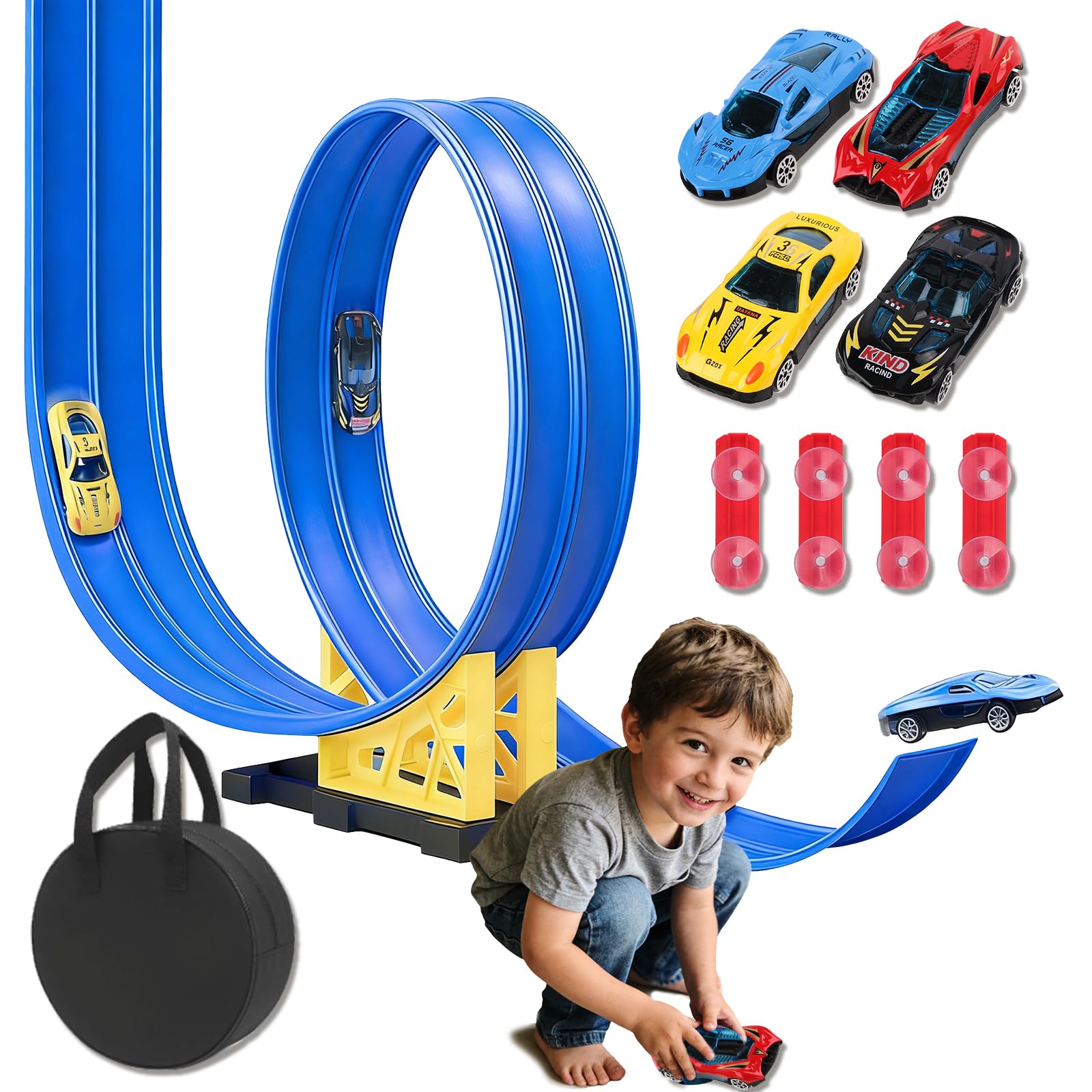 4.5 Metri Piste Macchinine per Bambini, Pista Flessibile Macchinine con 4 Macchinine e 4 Rampe e 4 Ventose e 1 Borsa Portaoggetti, per 3 4 5 6 Anni Bambino e Bambine (Blu)