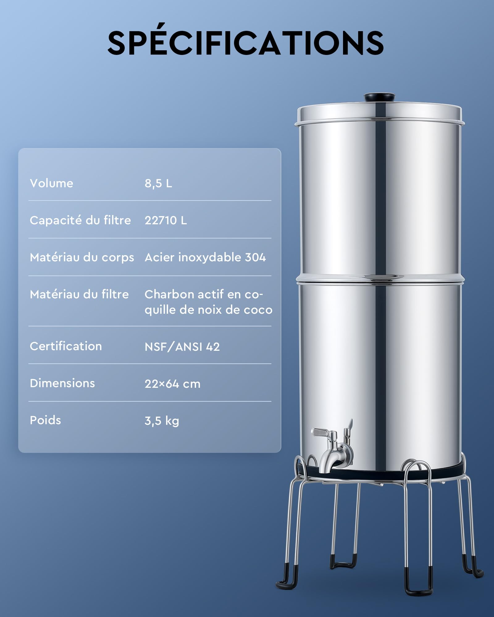 CO-Z 8,5L Système de Filtration d'Eau par Gravité en Acier Inoxydable 304 Purificateur d'Eau avec 2 Filtres à Carbone Robinet d'Eau Support Inclus, Certification NSF/ANSI 42