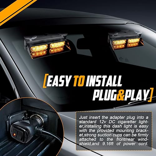Miniatura 5 de Luces estroboscópicas ámbar 2 en 1 para tablero de emergencia, 18 modos intermitentes, cubierta interior de parabrisas dividido, advertencia de