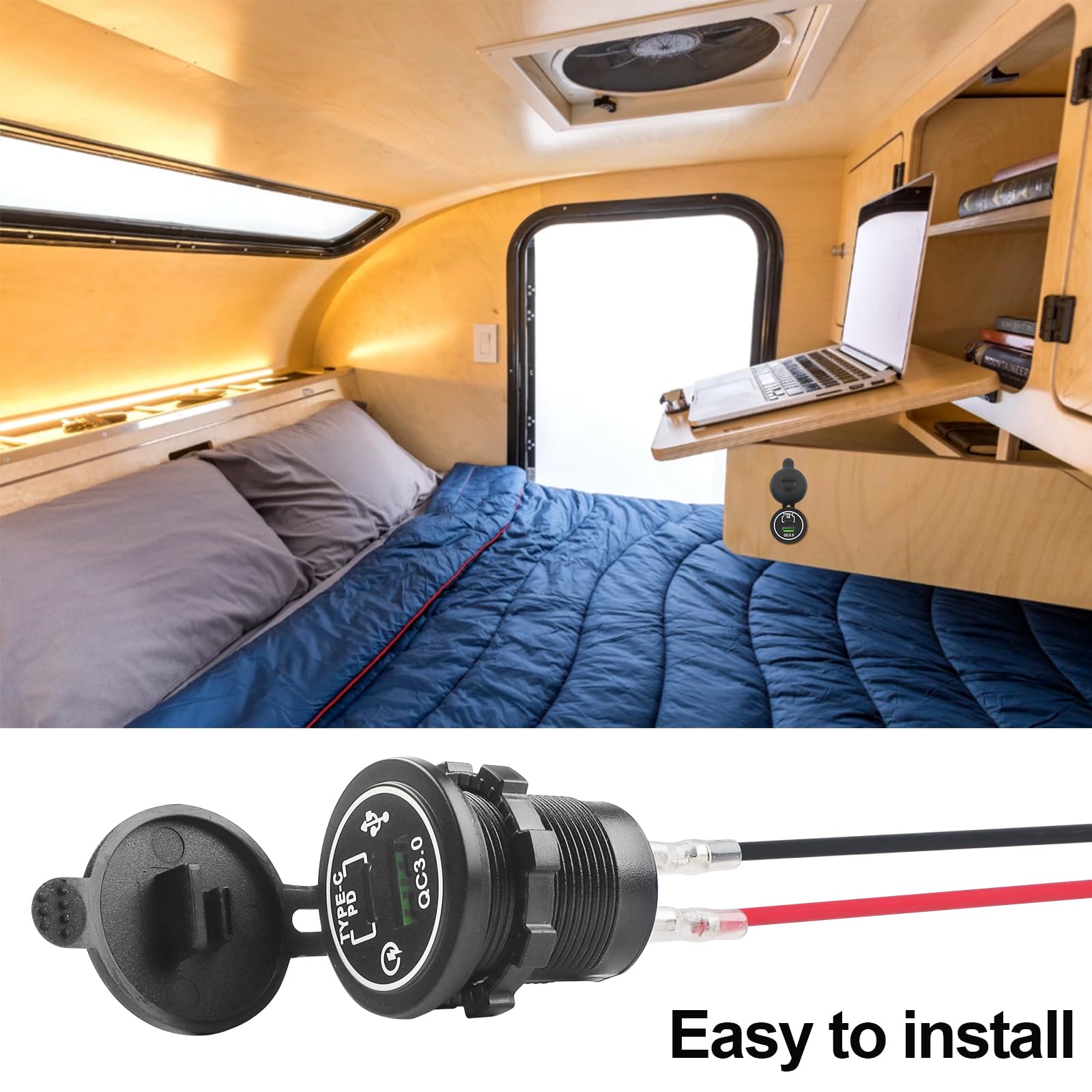2 Enchufes USB 12V para Carga de Coche Conector | PD USB-C y QC 3.0 para Coche Resistente al Agua Cable 60 cm y Kit de Panel con Sierra Corona de 30 mm para Autocaravanas etc