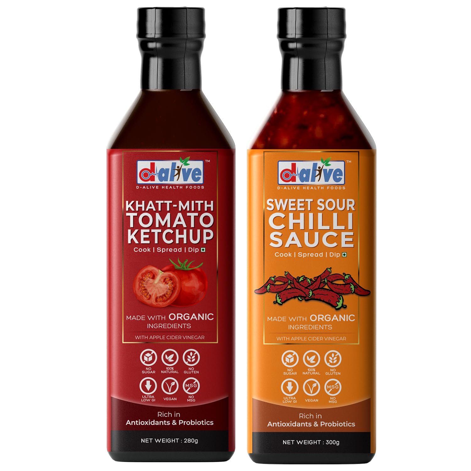 d alive Khatt-Mith Tomato Ketchup Sauce, Sweet Sour Chilli Sauce, (100% Natural, Low Carb, Vegan, Diabetes And Keto Friendly),300 Grams
