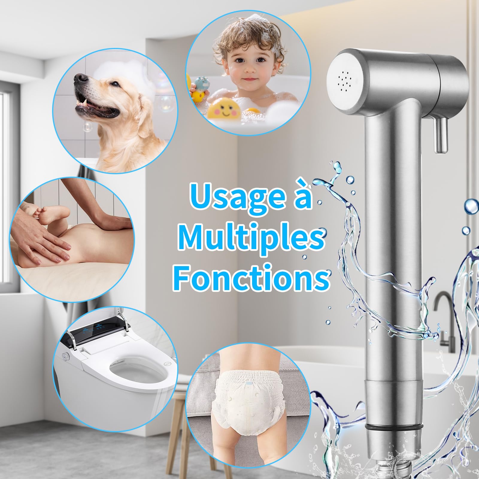 Kit Douchette Wc Eau Chaude Et Froide à Installer Sur le Côté de l’Armoire de Salle de Bain. Douchette Toilette en Acier Inoxydable Pour le Nettoyage de l’Hygiène Personnelle, Nickel Brossé