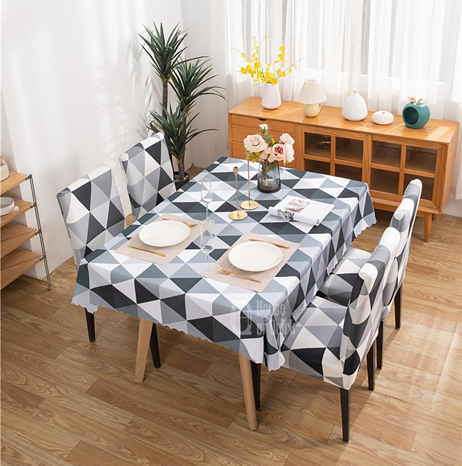 House of Quirk Polyvinyl Chloride (Pvc) Square Dining Chair Cover With Table Covers For Kitchen Waterproof Dining Table Cloth (Black Triangle, 1 Table Cover + 6 Chair Cover)