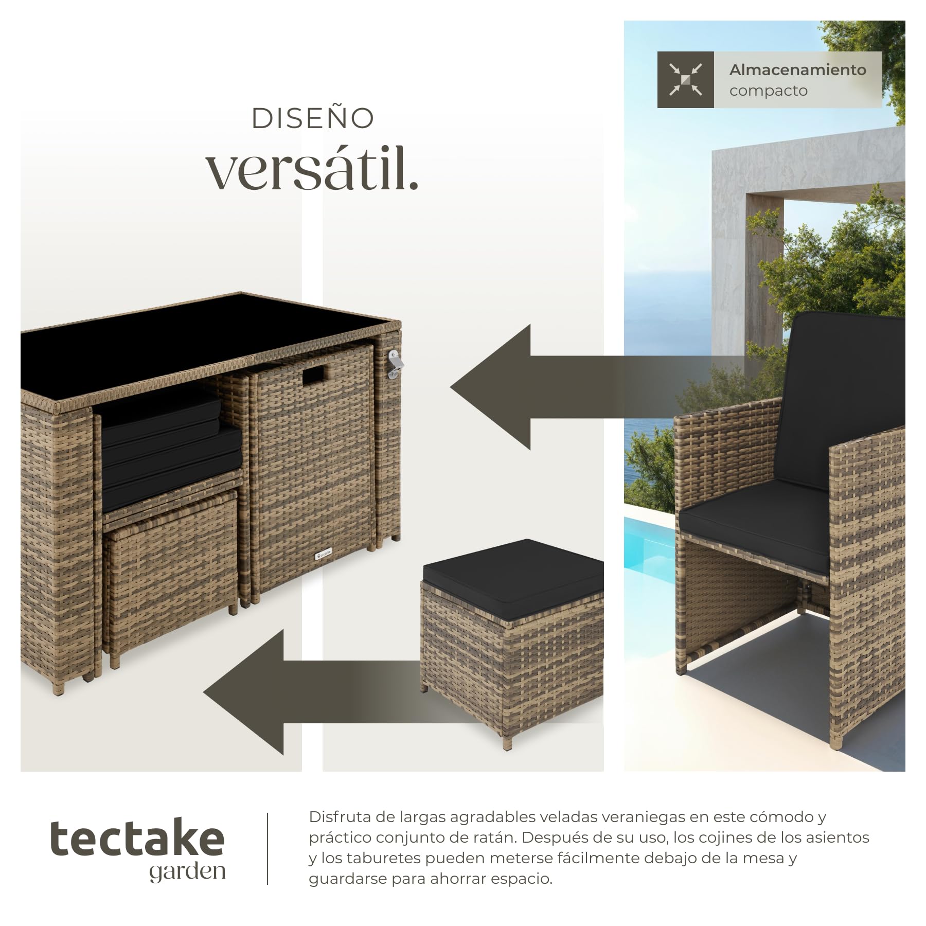 tectake® Conjunto Jardín Exterior de Ratán y Acero, Muebles Jardín Exterior Resistente a la Intemperie, 2 Sillones Plegables, 2 Taburetes, 1 Mesa con Cristal, con Cojines y Abrebotellas - marrón