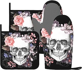 Cool Skull Flower Oven Mitts And Pot Holders Set Of 4 Silicone Heat Resistant Oven Mitten Potholders Non Slip Gloves Kitchen Decor For Bbq Cooking Grilling Baking