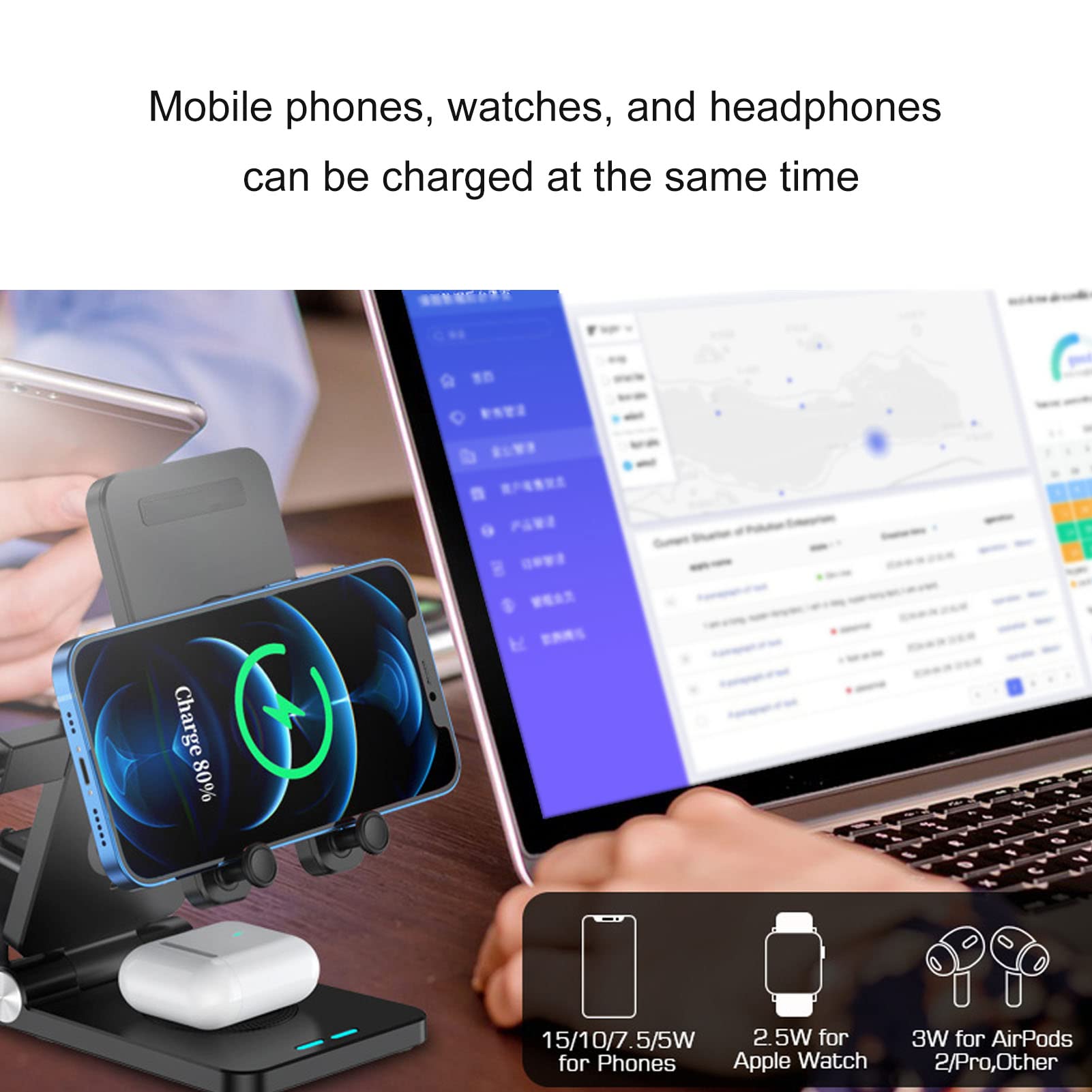 Cargador inalámbrico 4 en 1 estación de carga plegable de 18 W, compatible con carga de auricular de reloj de teléfono móvil(Negro)