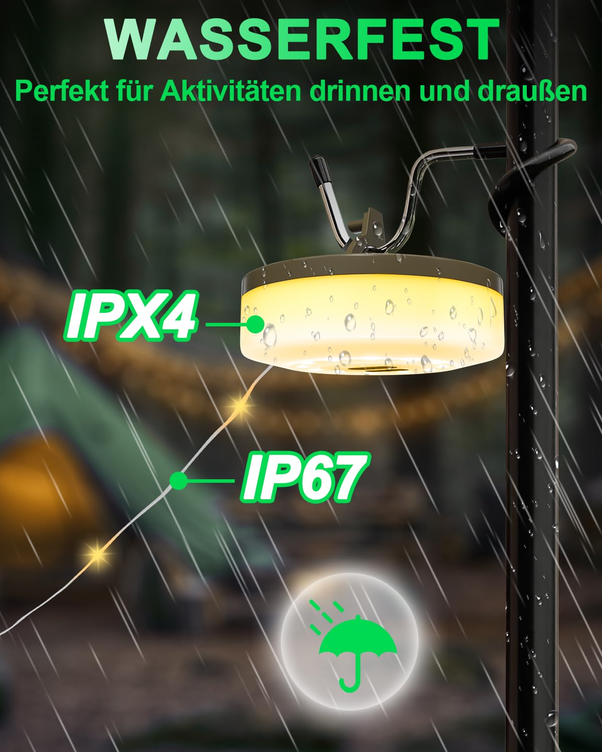 BrightArk Camping Lichterkette Aufrollbar, Wasserdichte Tragbare Verstaubare LED Lichterkette für den außenbereich, 10M Camping Lichterkette zum Aufrollen, 2-in-1 Lichterketten Outdoor Campinglampe Beleuchtung