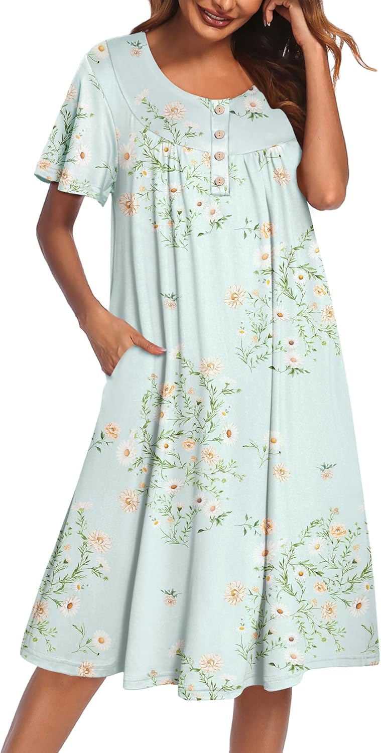 Ekouaer Nightgowns for Women Short Sleeve House Dress with Pockets Floral Print Mumu Dress