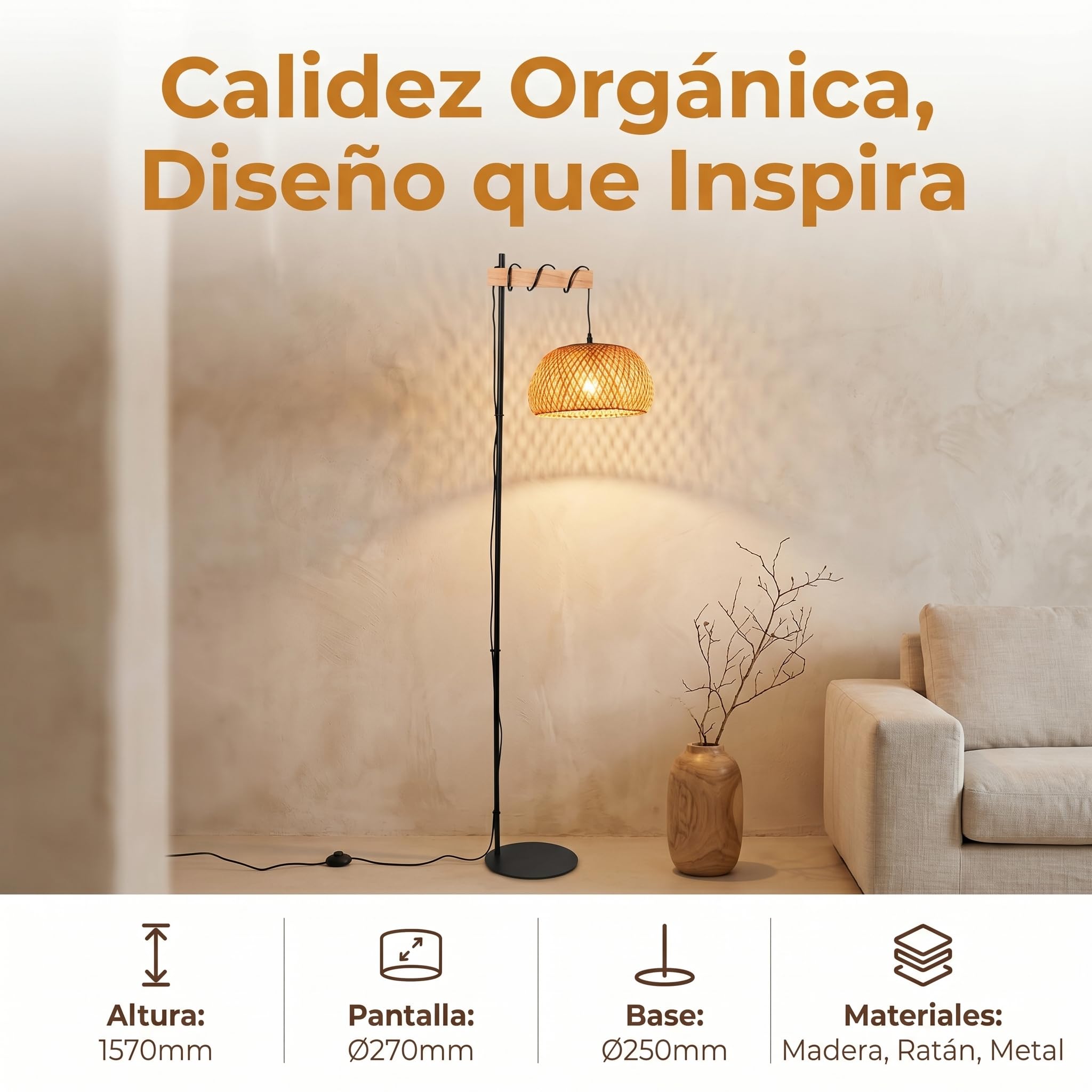 BARCELONA LED Lámpara De Pie Grande De Bambú Y Mimbre Estilo Natural Isla Boho Con Base Negra Metálica Pantalla Artesanal Lámpara Alta Decorativa Rústica Moderna E27 Para Interior Salón