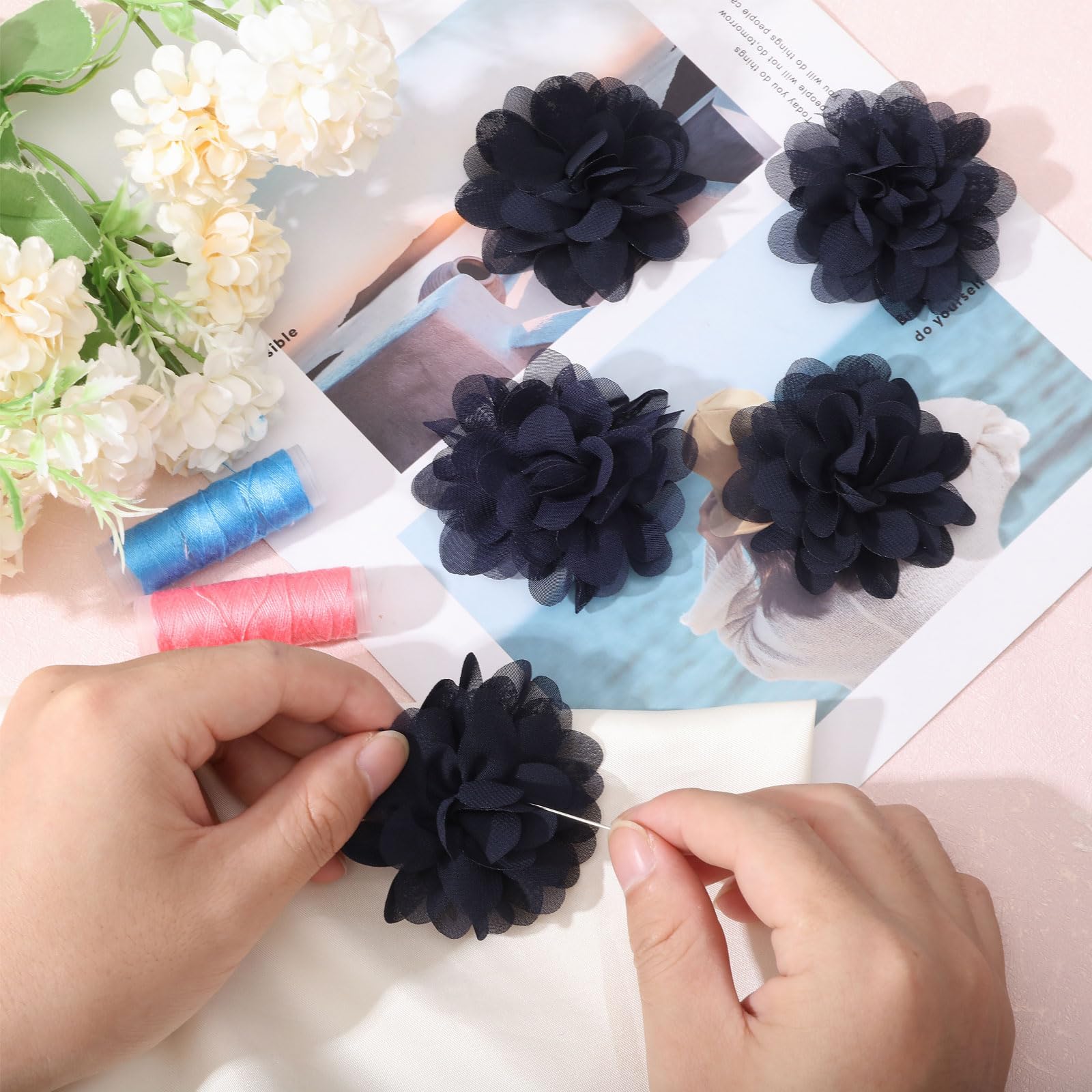 CHGCRAFT 16PCS Chiffon Flowers Black Chiffon Flower Sewing Fabric Appliques Mesh Flowers Sewing Appliques 3D Decorative Patches for Clothing Headbands Flower Wedding Dress Accessories - Image 3