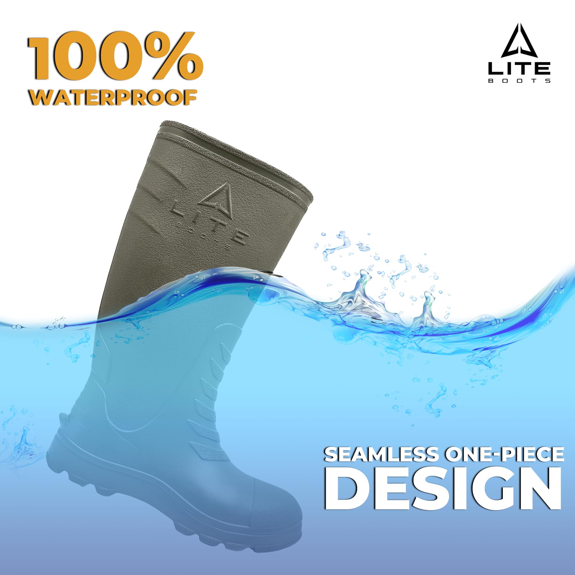 LITE BOOTS 16” Classic Men’s Boots, Lightweight, Waterproof, Hunting, Fishing, Rain, Chore Boot