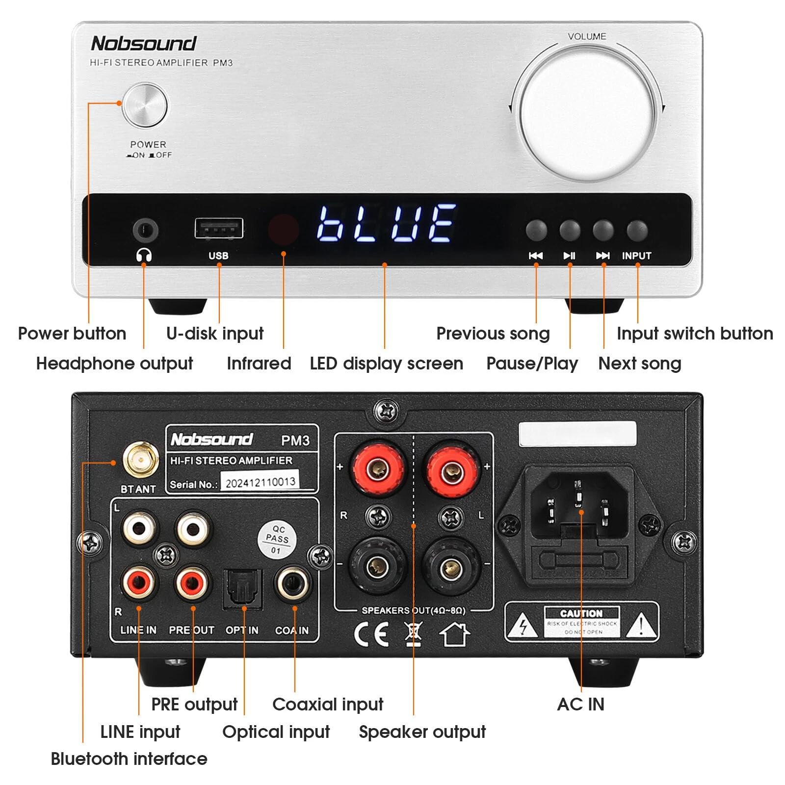 Nobsound Amplificatore digitale Bluetooth DAC: Home Stereo Amplifier U-Disk Player con telecomando