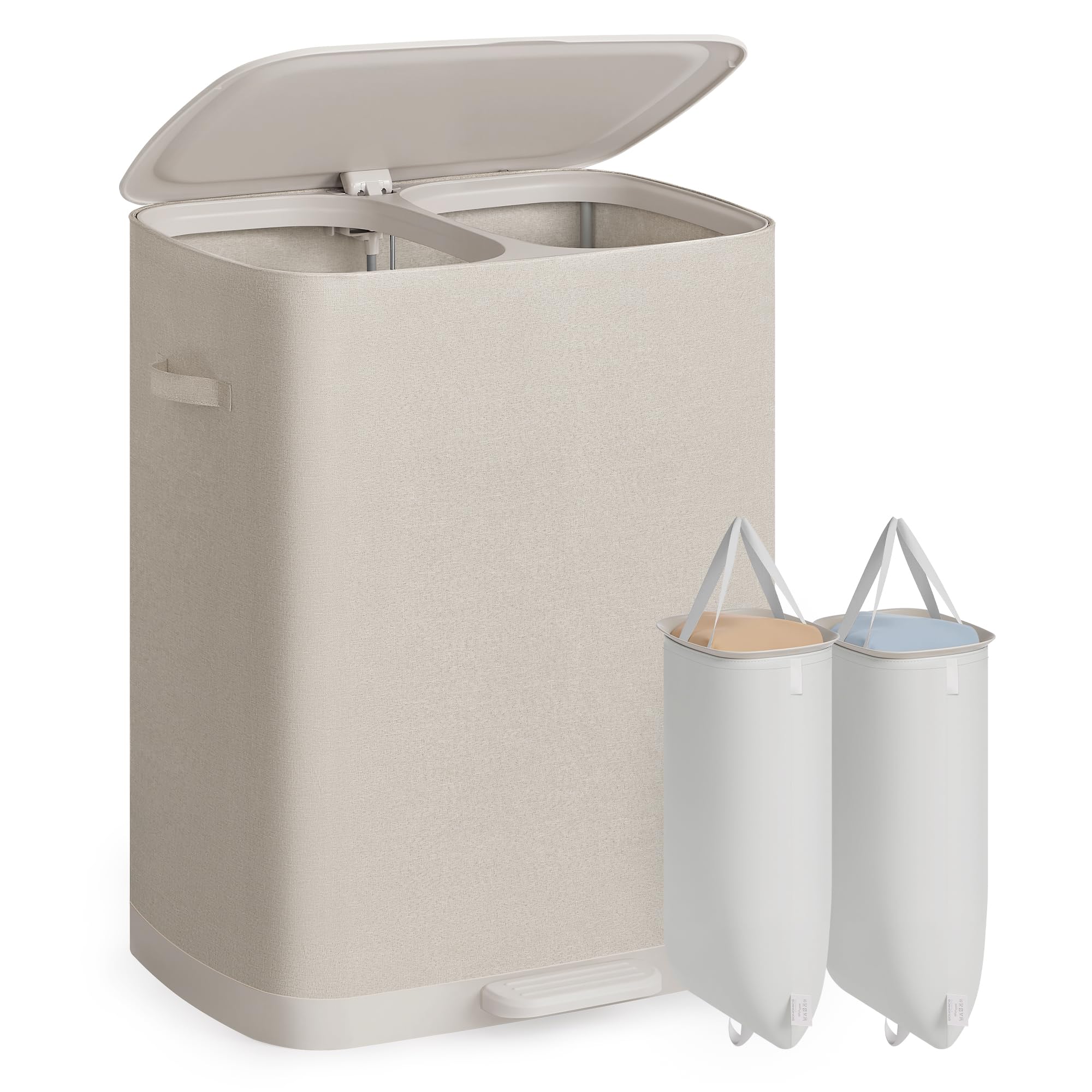 SONGMICS Laundry Basket with Lid, 160L Large Hamper, 2 Compartments, Removable Liner Bags, Foldable Washing Bin with Handles, 56 x 40.5 x 75 cm, Beige, Brosi Collection LCB832L101