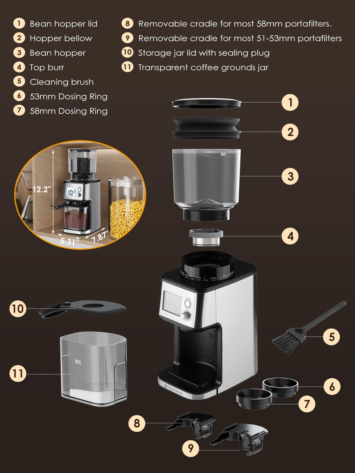 Homtone Moulin à Café Électrique à Meule Conique - Broyeur à café avec 51 Réglages de Mouture, Support Amovible, Récipient Inclus – Pour Espresso, Café Filtre, Infusion à Froid (Argent)