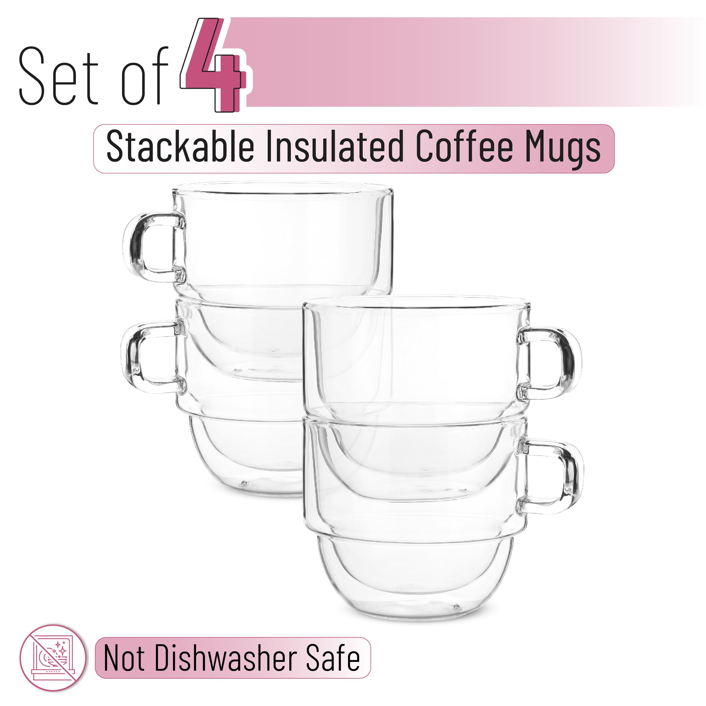 Amazon.com | BTaT- Double Walled Stackable Glass Coffee Mugs, 16 oz, Set of  4, Glass Coffee Cups with Handle, Insulated Clear Coffee Mug for Hot and  Cold Beverages, Cappuccino, Latte, Tea, Americano: