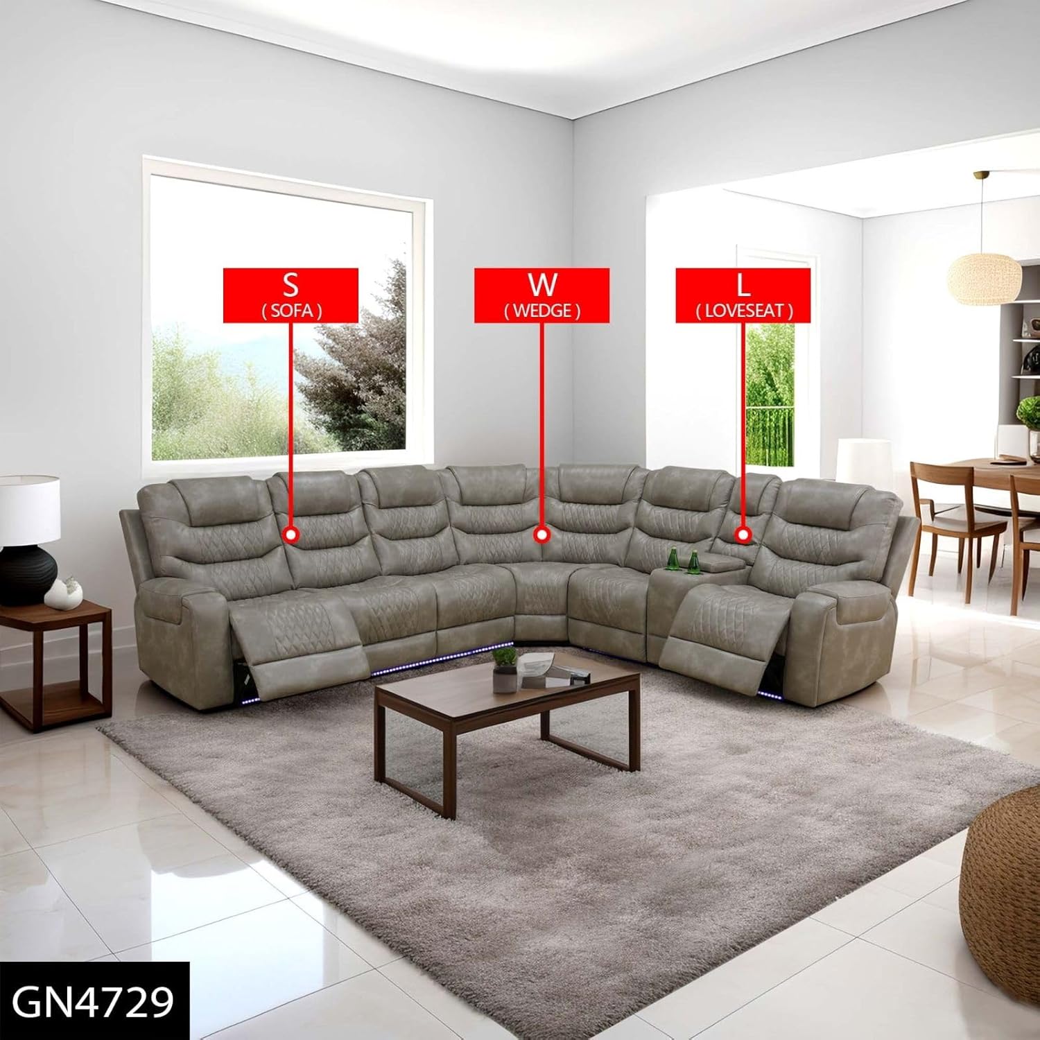 Recliner Sofa 3-Piece Set Grey Breathing Leather Living Room LED Lighting USB Charging Cup-Holder