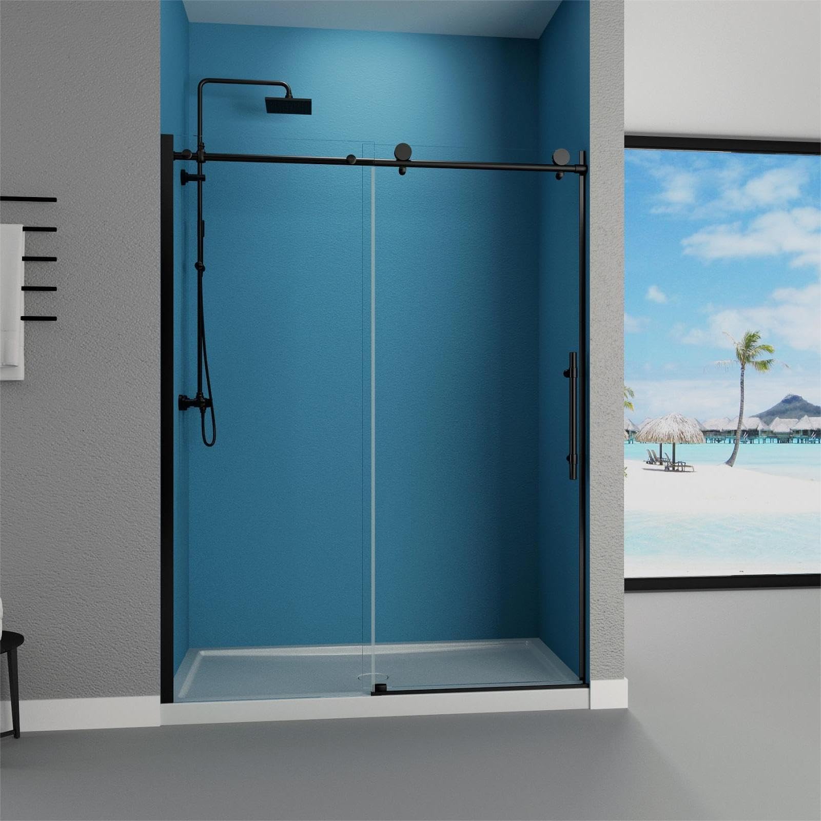 44" -48 "W x 75" H Frameless Shower Door, Bathroom Sliding Shower Door, SGCC Certified Transparent Tempered Glass Door with Explosion Proof Film, Easy to Install (Black, 48X75 in)