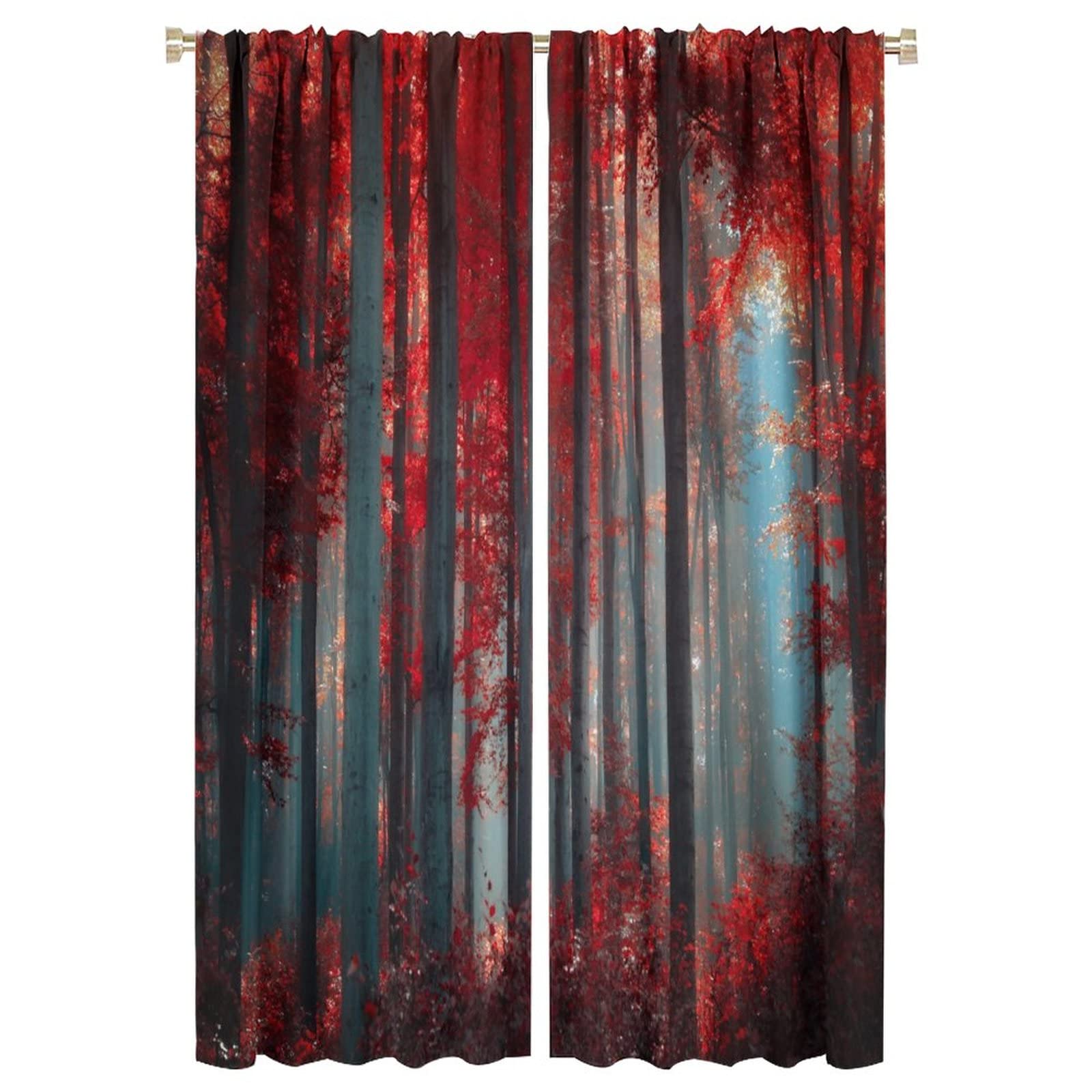 JESTRONRY Red Forest Window Curtains,Mystic Foggy Trees Natural Landscape Print Pattern Blackout Window Rod Pocket Curtains for Bedroom Living Room Kitchen Home Decor,2 Panels W42xL63in