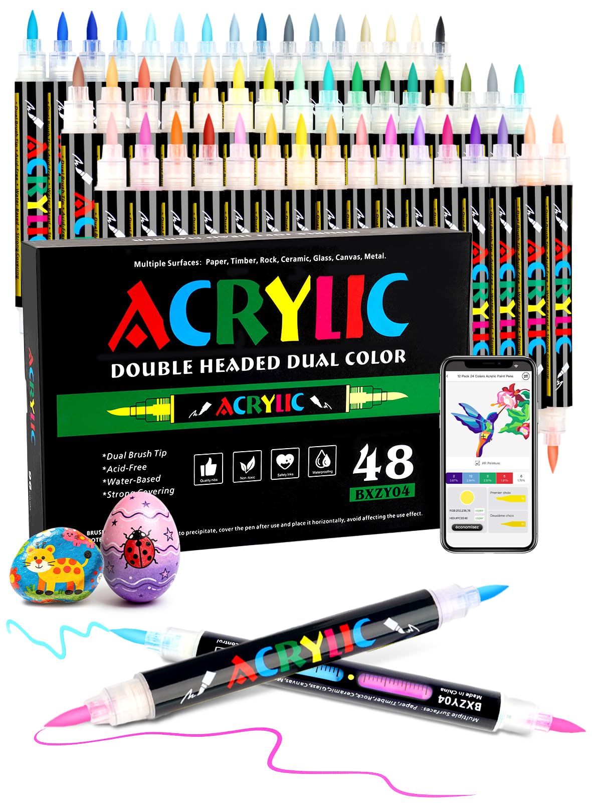 AEDAGA 48 Feutre Acrylique avec App, 96 Couleurs Acrylic Paint Marker