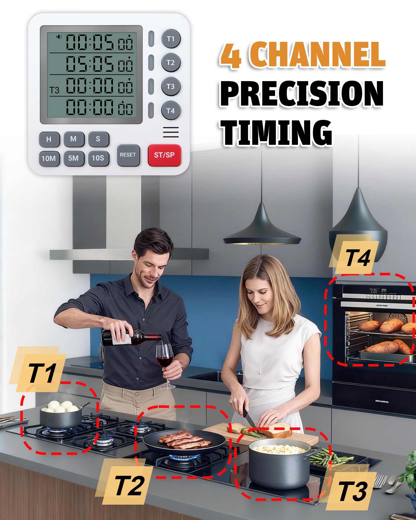 TPNEG Cyfrowy zegar kuchenny – 4-kanałowy timer gotowania z alarmem, magnetyczny tył, tryb głośny i cichy, odliczanie w górę/w dół, idealny do piekarników, seniorów, dzieci i sal lekcyjnych, wymienna