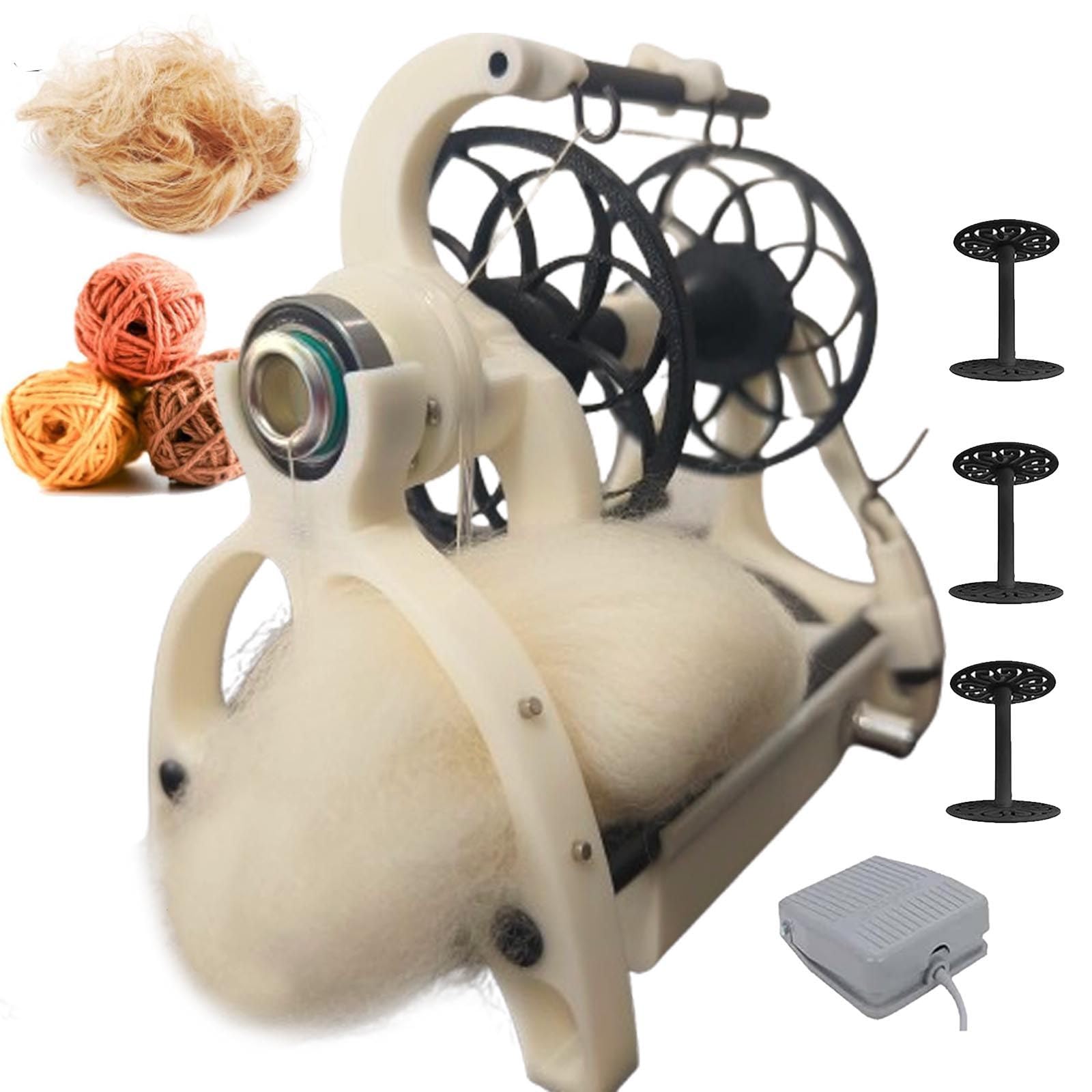 Menglanchang White Smart Yarn Spinner Machine- Electric Spinning Wheel - 120G Capacity Pet Hair Spinner With Foot Switch & 3 Spools,12V Drum Carder- Forward/Reverse Switch,Adjustable Speed,