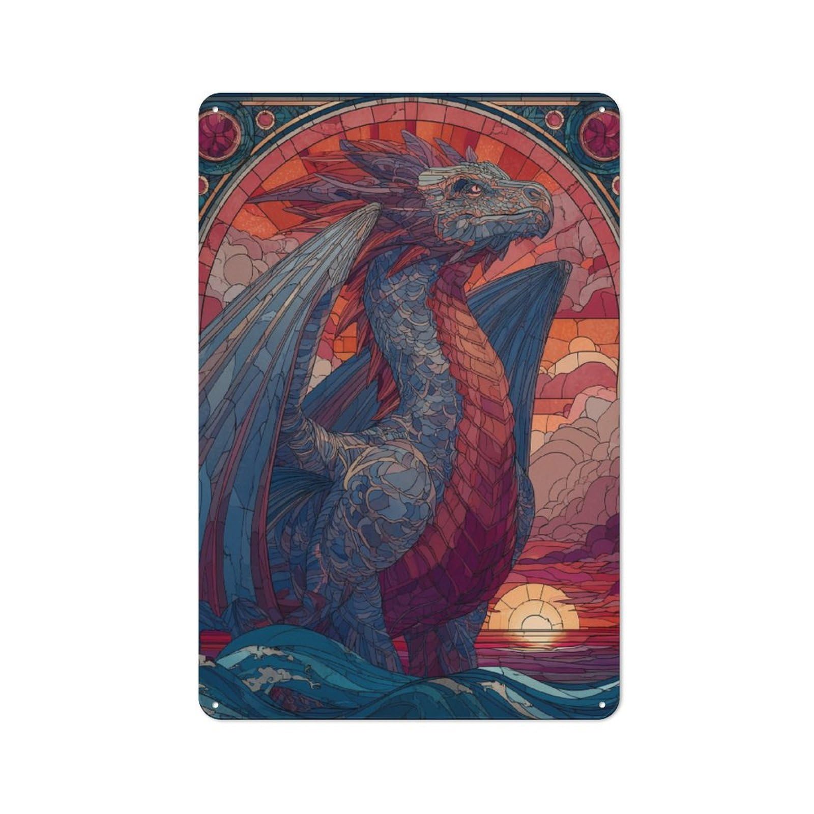 Vintage Tin Sign 30x20cm with Stained Glass Dragon for Living Room Or Hallway, for Living Room Decor Lovers