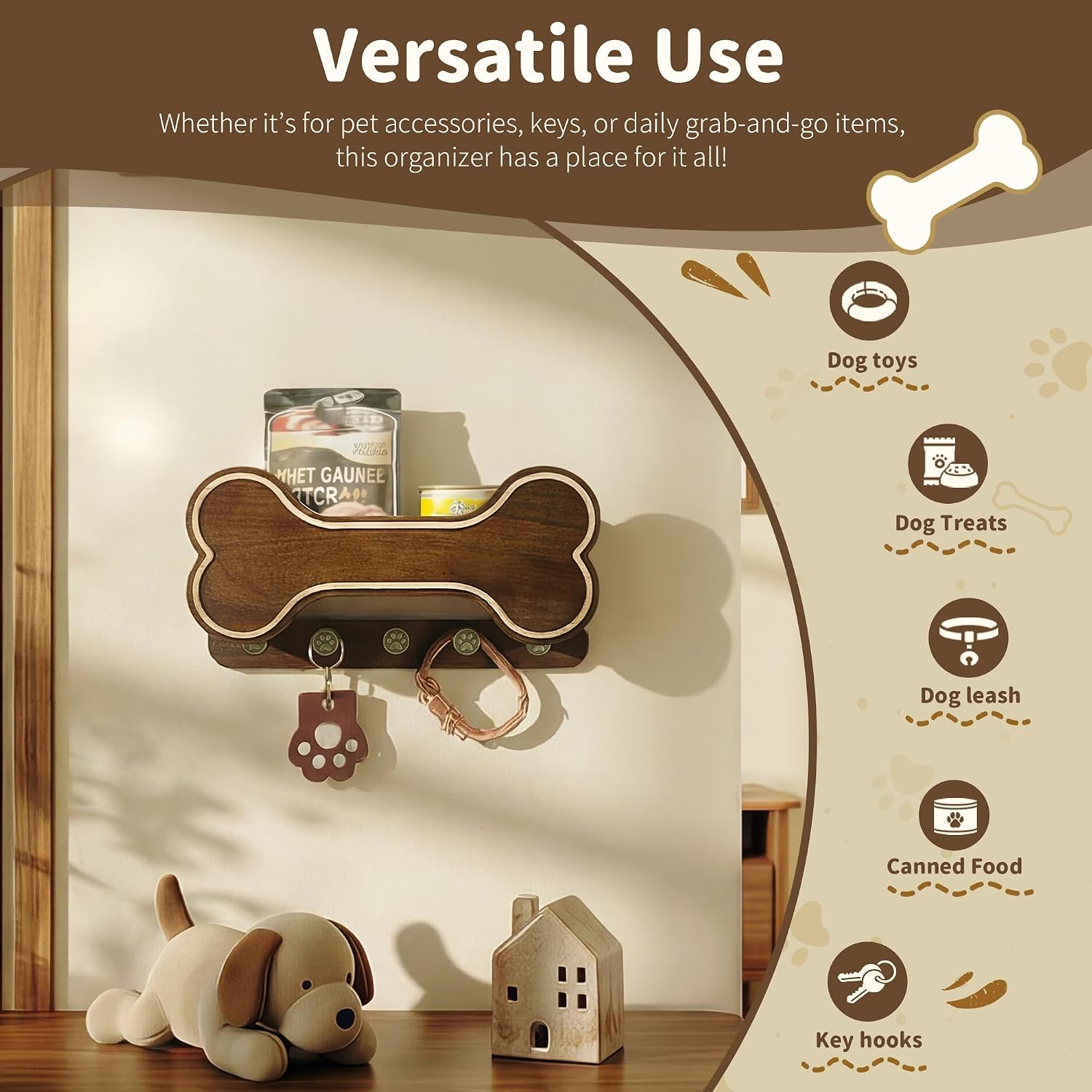 MTERSN Dog Leash Holder Wall Mount for Cute Dog Themed Decor, Dark Brown