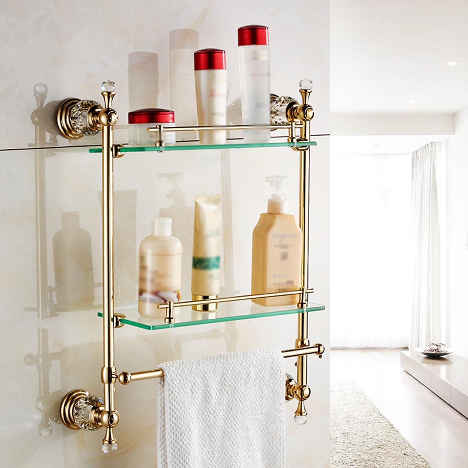 Hltdzer Double Layer Gold Wall Mounted Tempered Glass Shelf Bathroom Shelves Towel Rack Wall Mounted Gold Towel Stands for Bathroom Hotel Kitchen for bathroom Organizers and Storage
