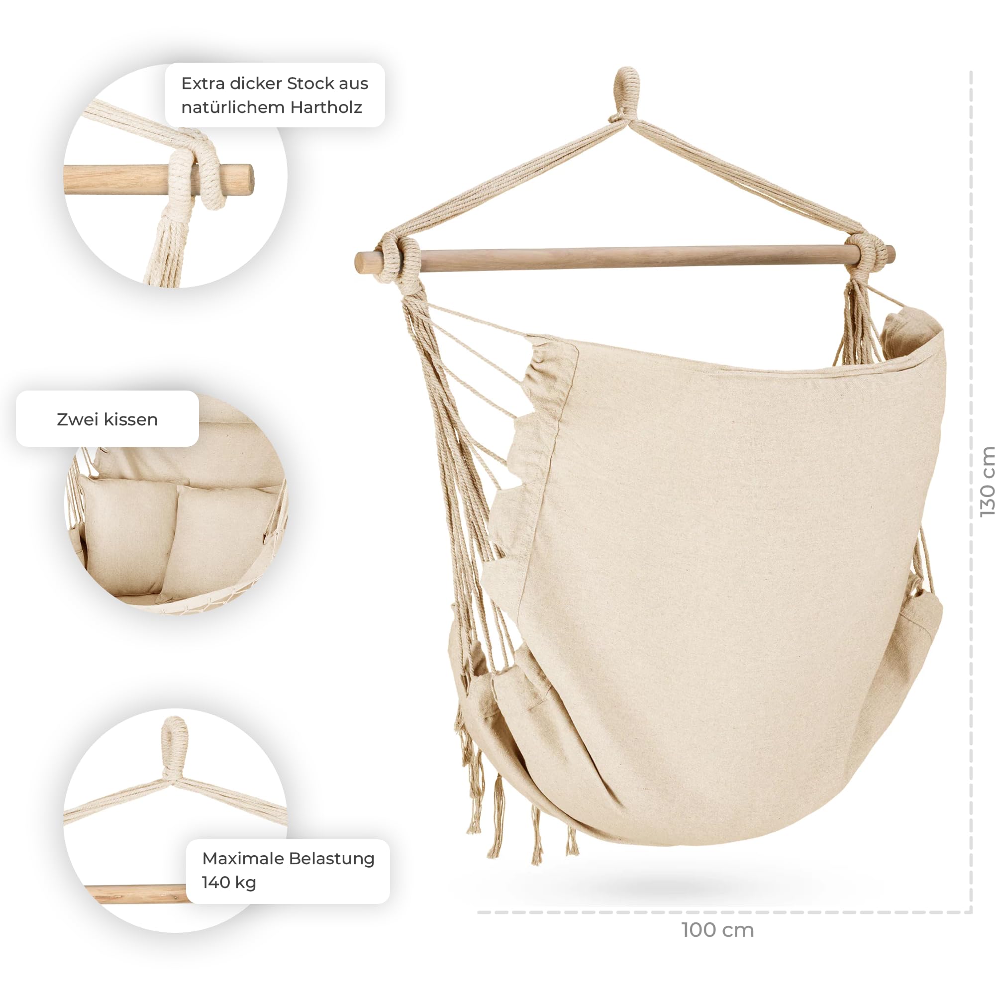 Hängesessel mit Kissen 100x130x75cm – bis 150 kg - Outdoor Sessel mit Kissen - Sitzsack zum Hängen Schaukel Für Garten und Zimmer – Boho – Fransen Brasilianischer Stuhl - Beige