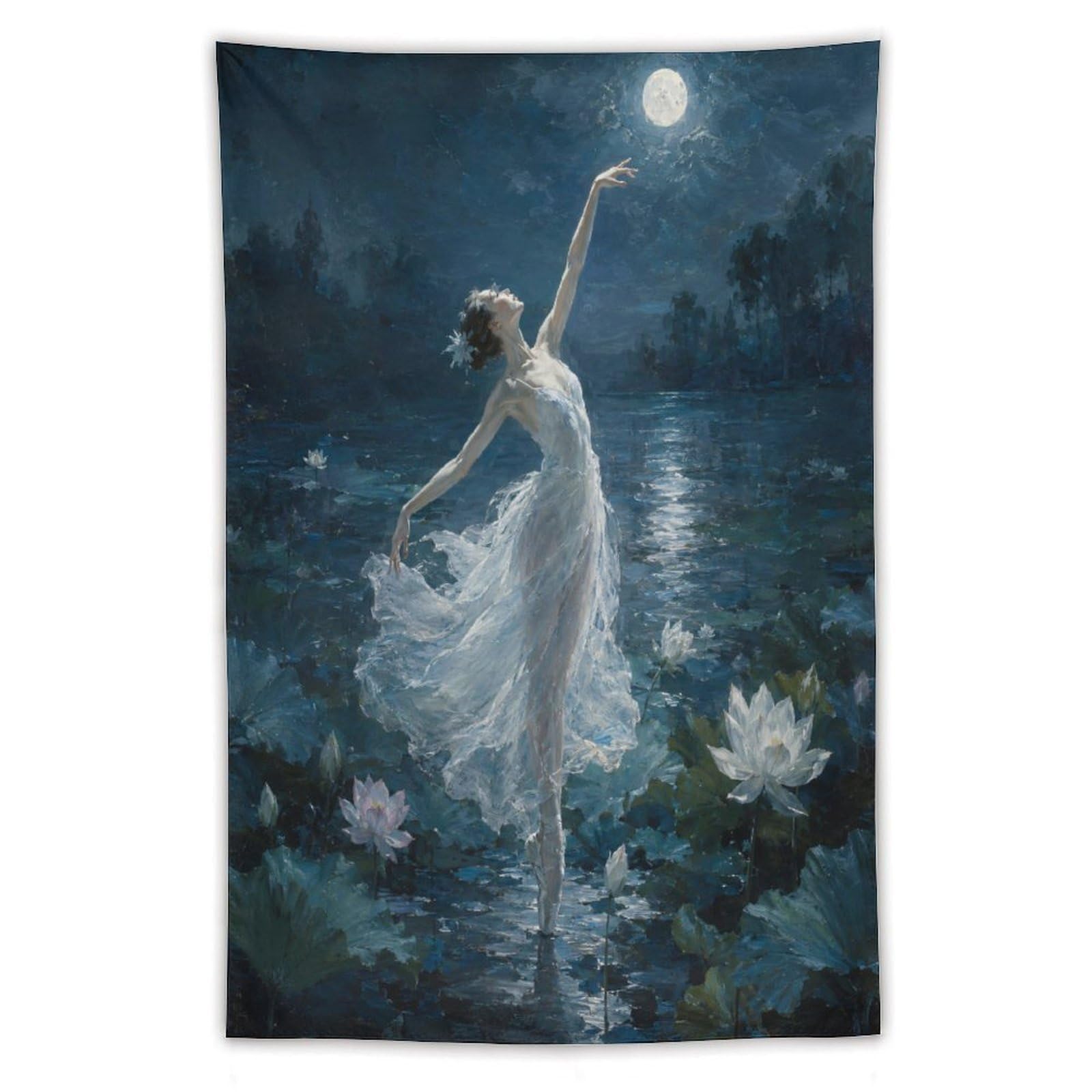 W7C8U2X3 Ballerina Lotus Moon Wall Tapestry, Impressionist, Apartment